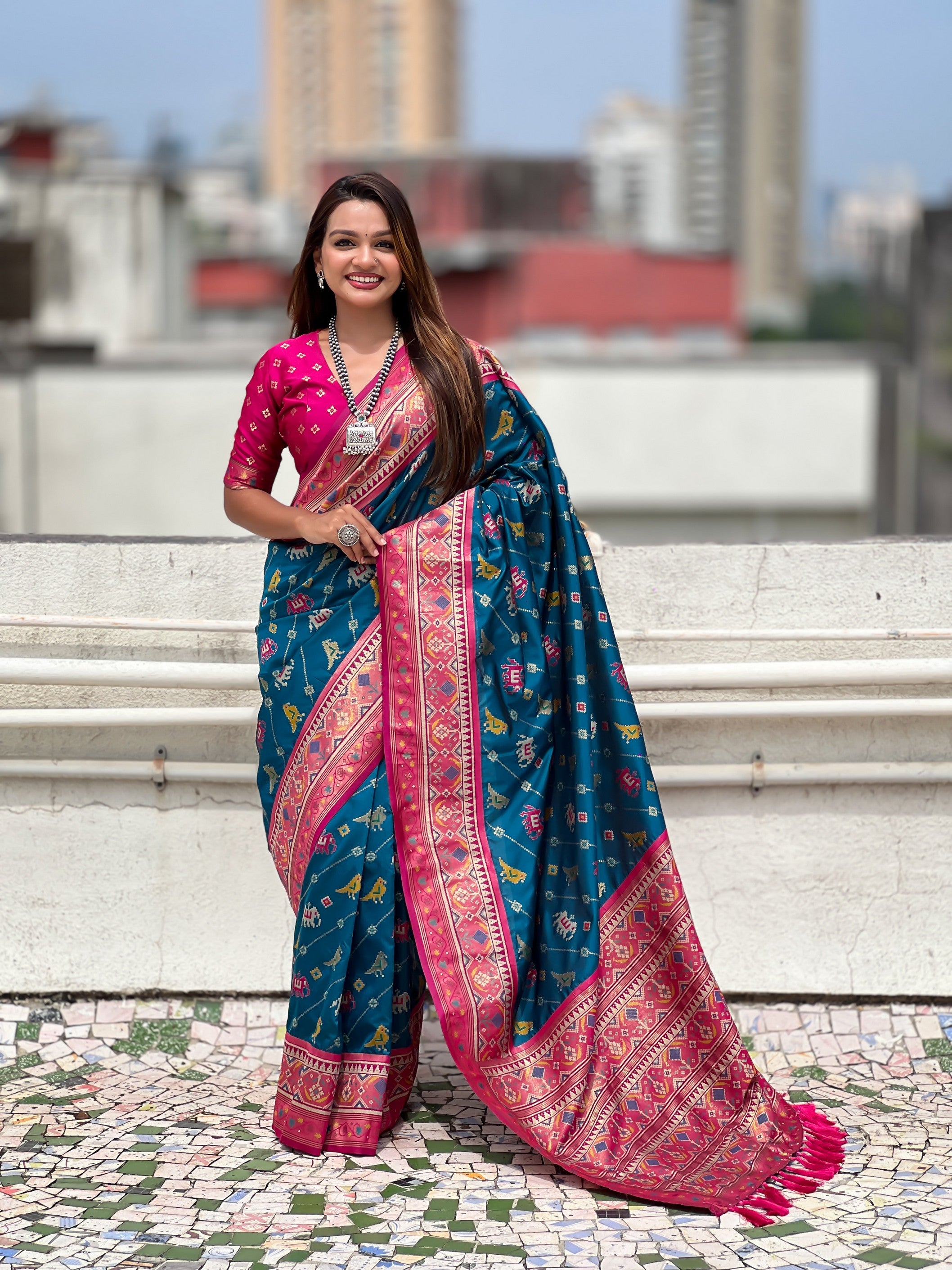 Blue Patola Silk Saree With Woven Meenakari Ikkat Designer For Festive Looks