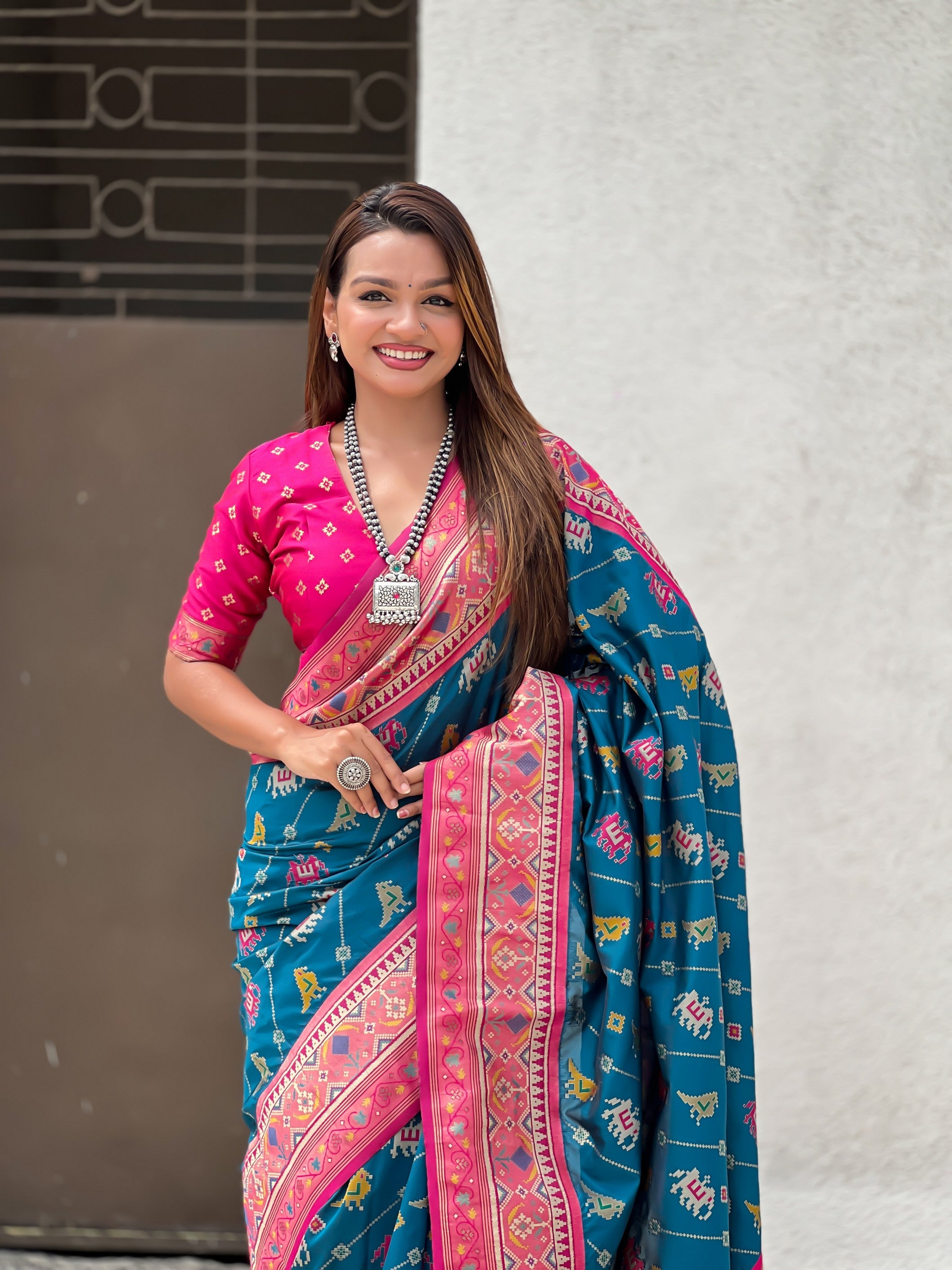 Blue Patola Silk Saree With Woven Meenakari Ikkat Designer For Festive Looks