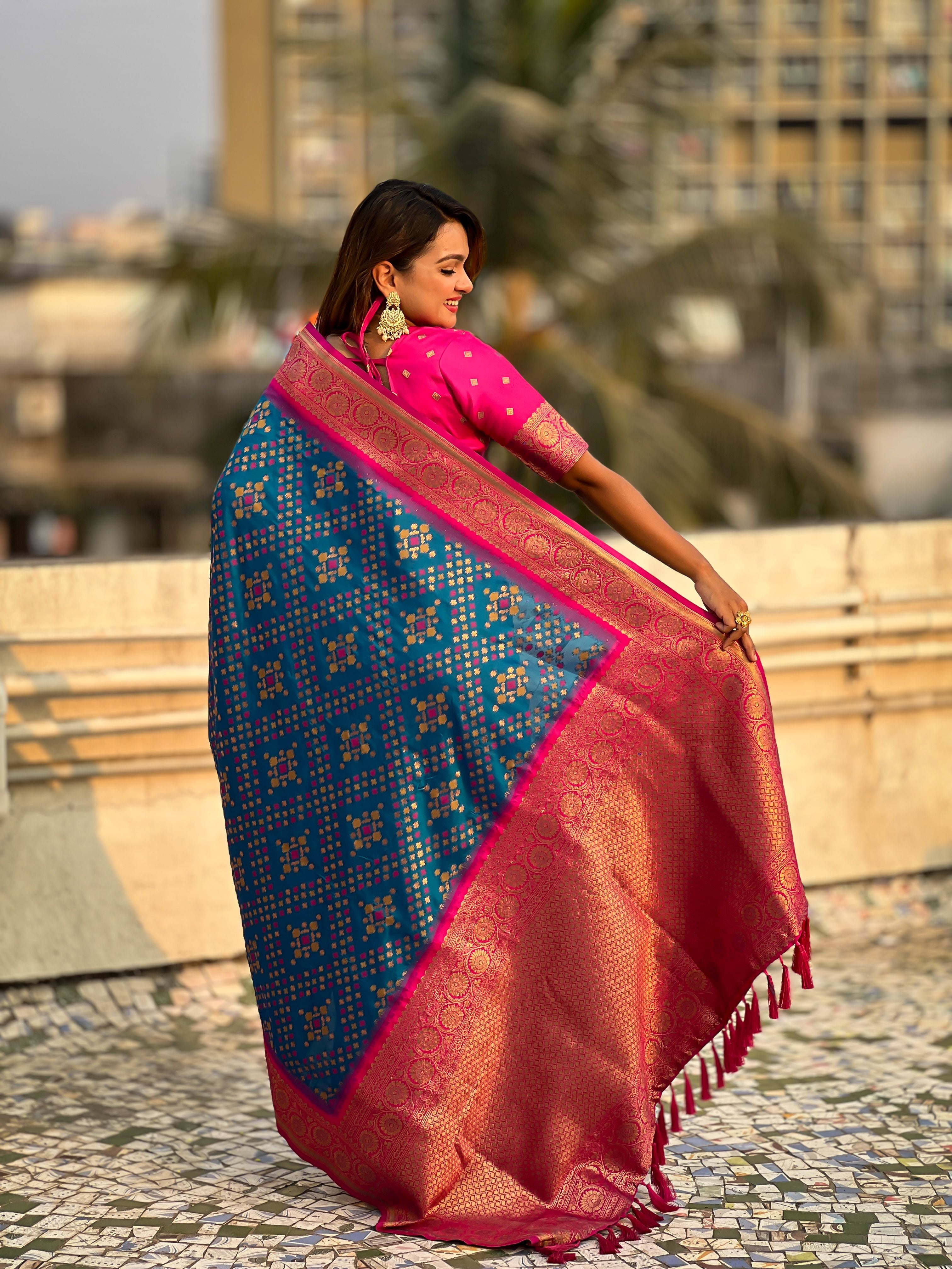 Blue Patola Silk Weaving Ikkat Meenakari Designer Graceful Ceremonial Saree