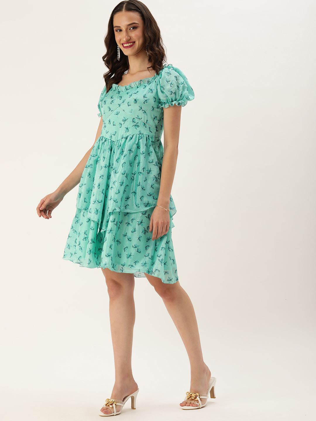 Blue Polyester Dress & Gown With Floral Print