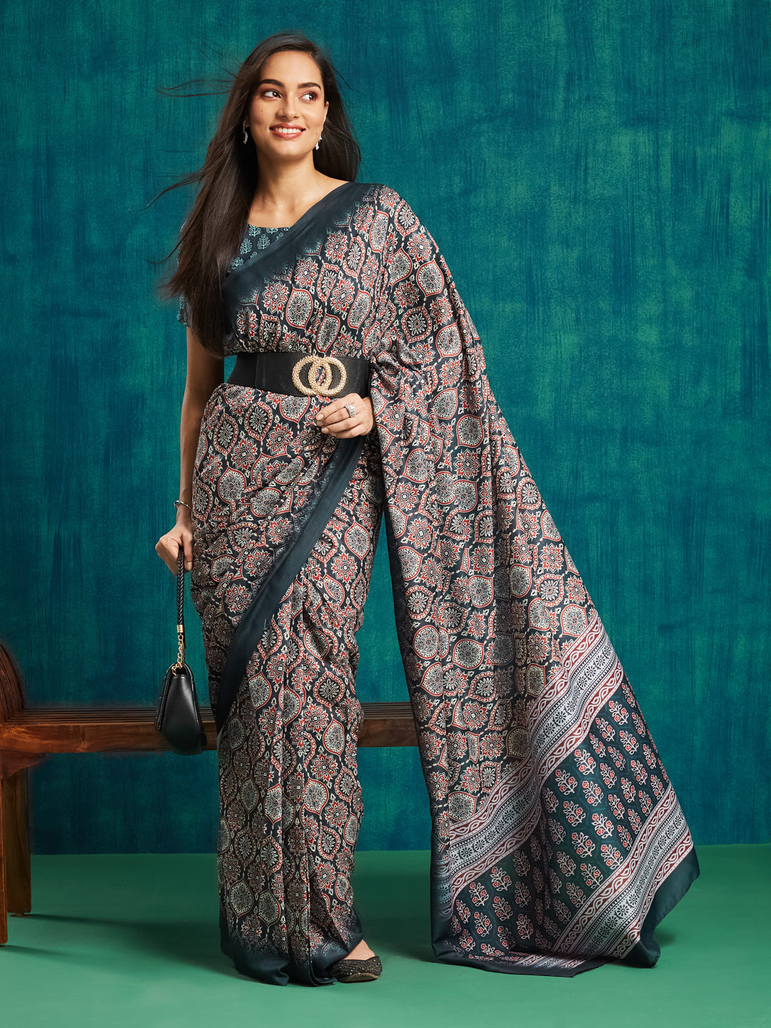 Blue Pre Stitched Muslin Designer Printed Partywear Saree