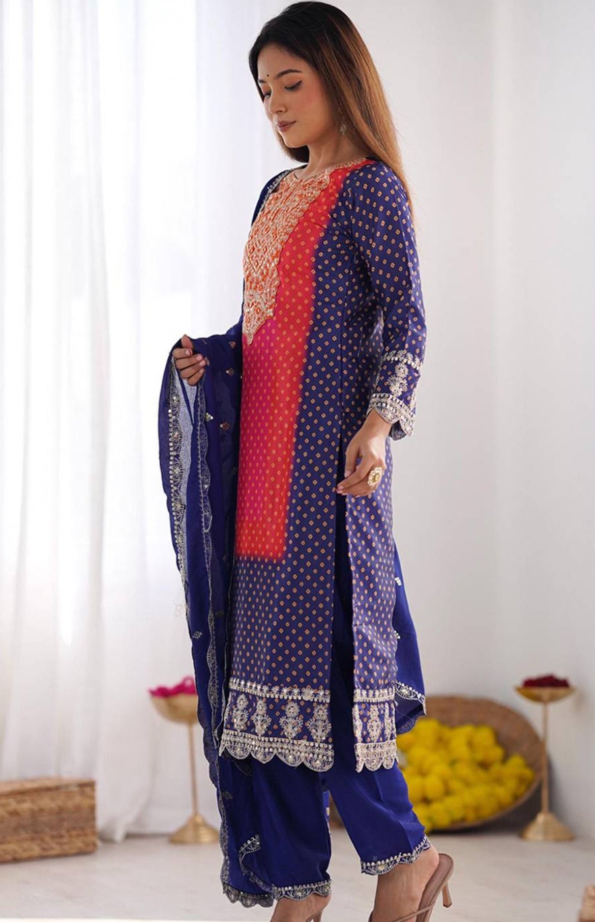 Blue Pure Chinon Kurta Pant with Heavy Thread Embroidery Work