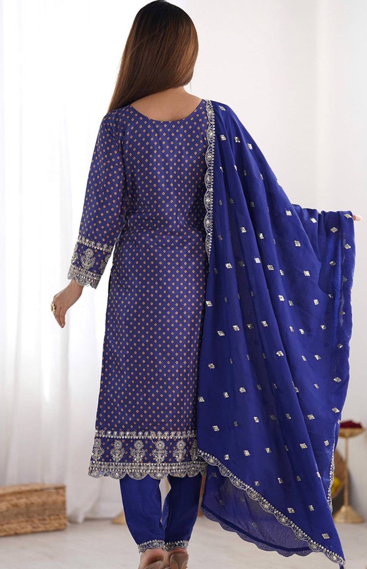 Blue Pure Chinon Kurta Pant with Heavy Thread Embroidery Work