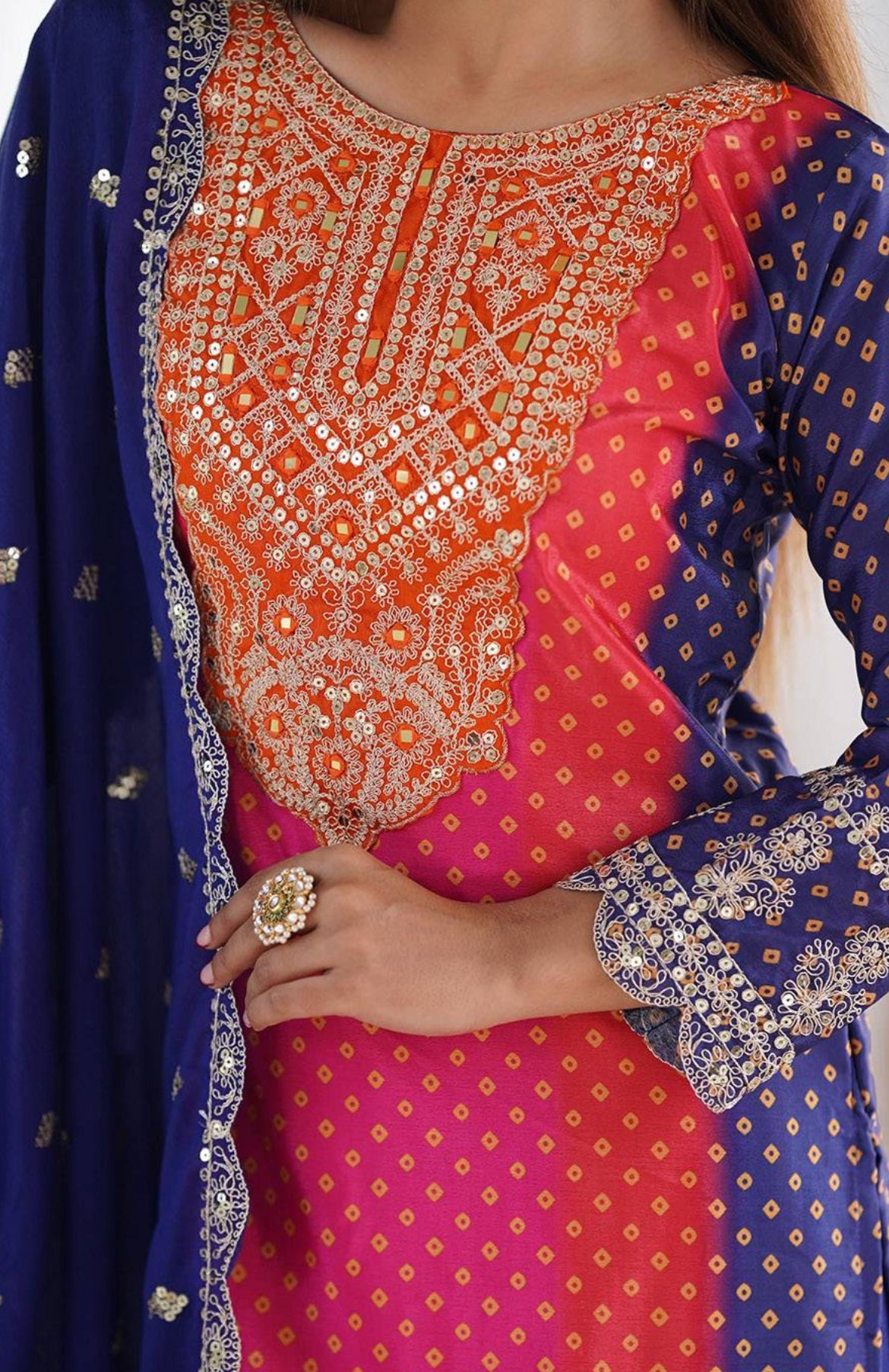 Blue Pure Chinon Kurta Pant with Heavy Thread Embroidery Work