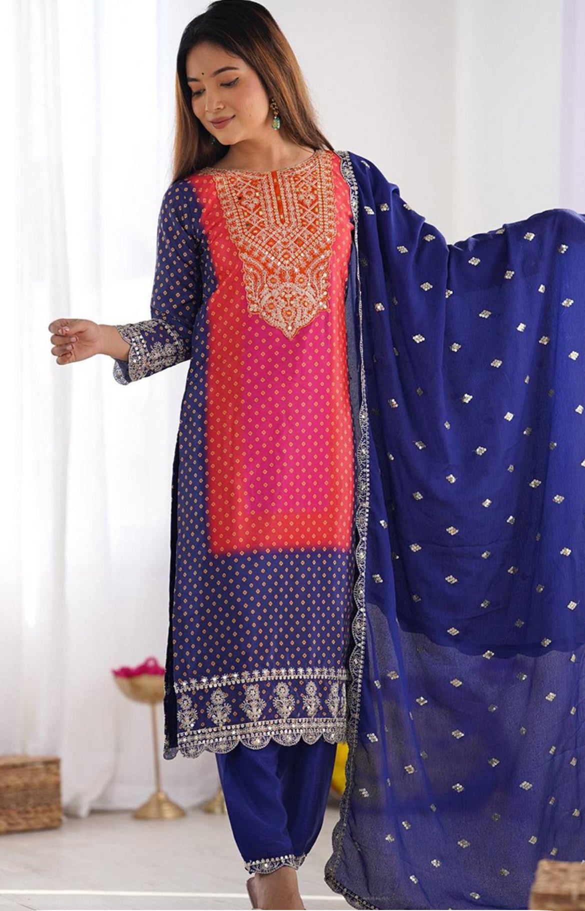 Blue Pure Chinon Kurta Pant with Heavy Thread Embroidery Work