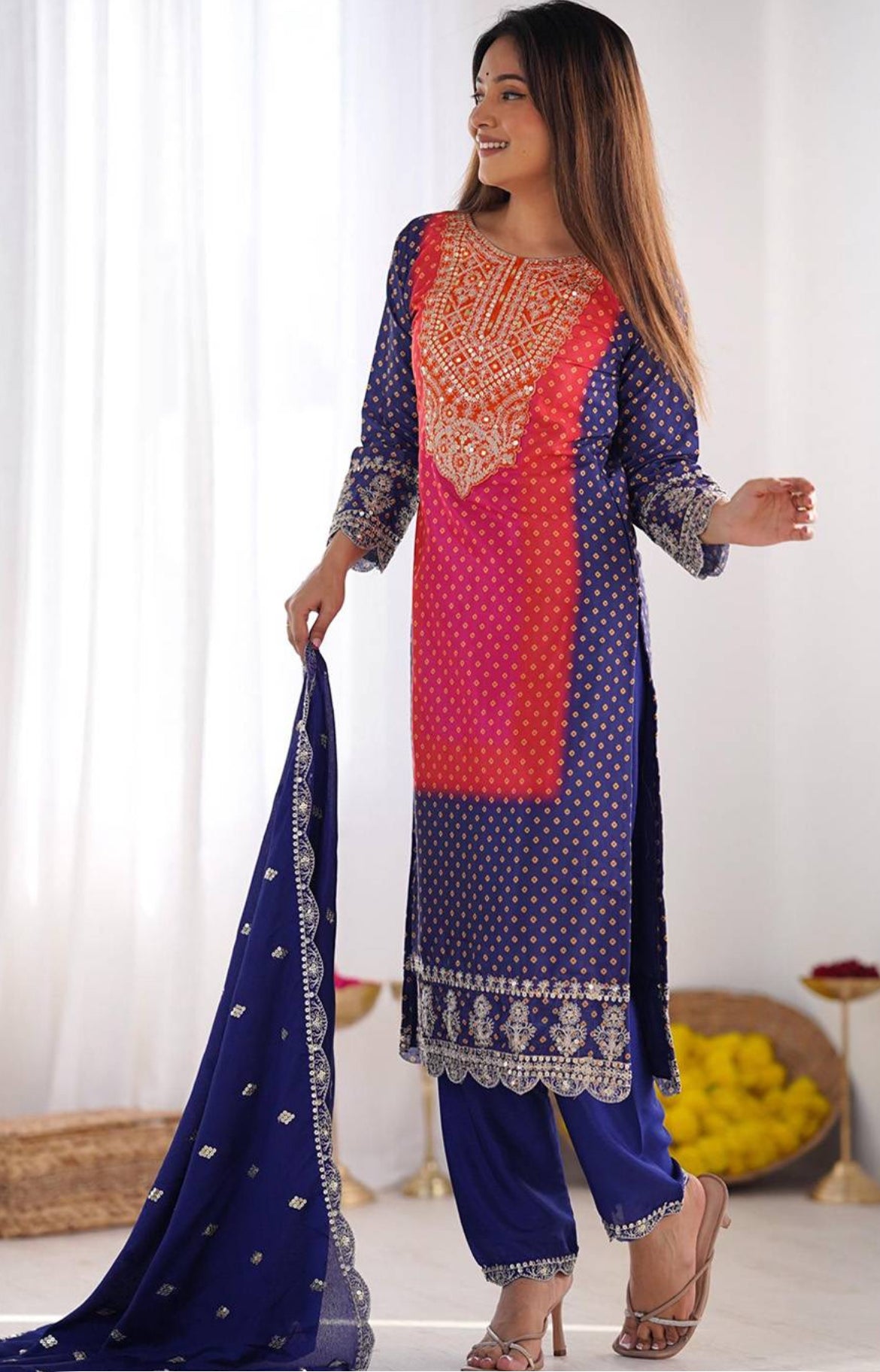 Blue Pure Chinon Kurta Pant with Heavy Thread Embroidery Work