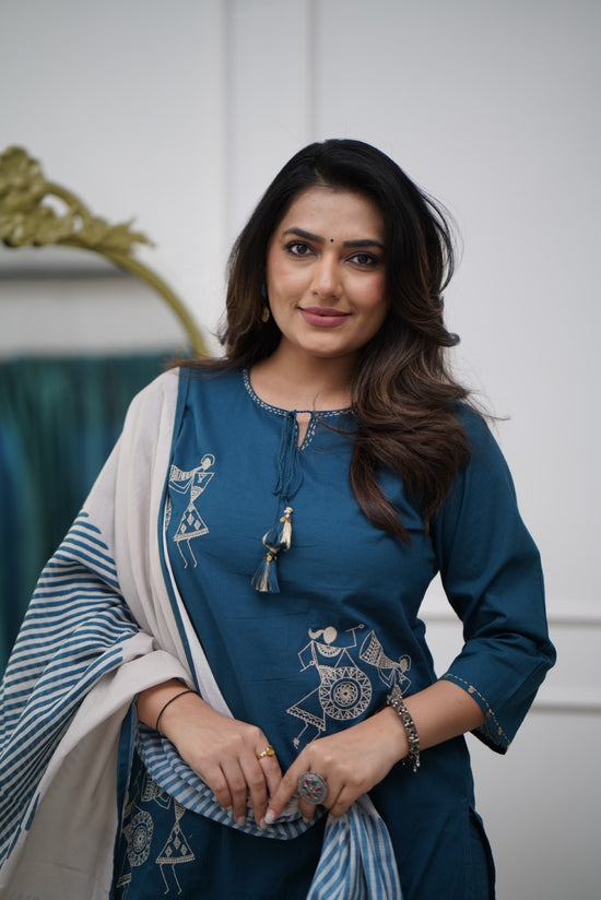 Blue Pure Silk Kurta Pant Set With Heavy Thread Embroidery Work With Printed Dupatta
