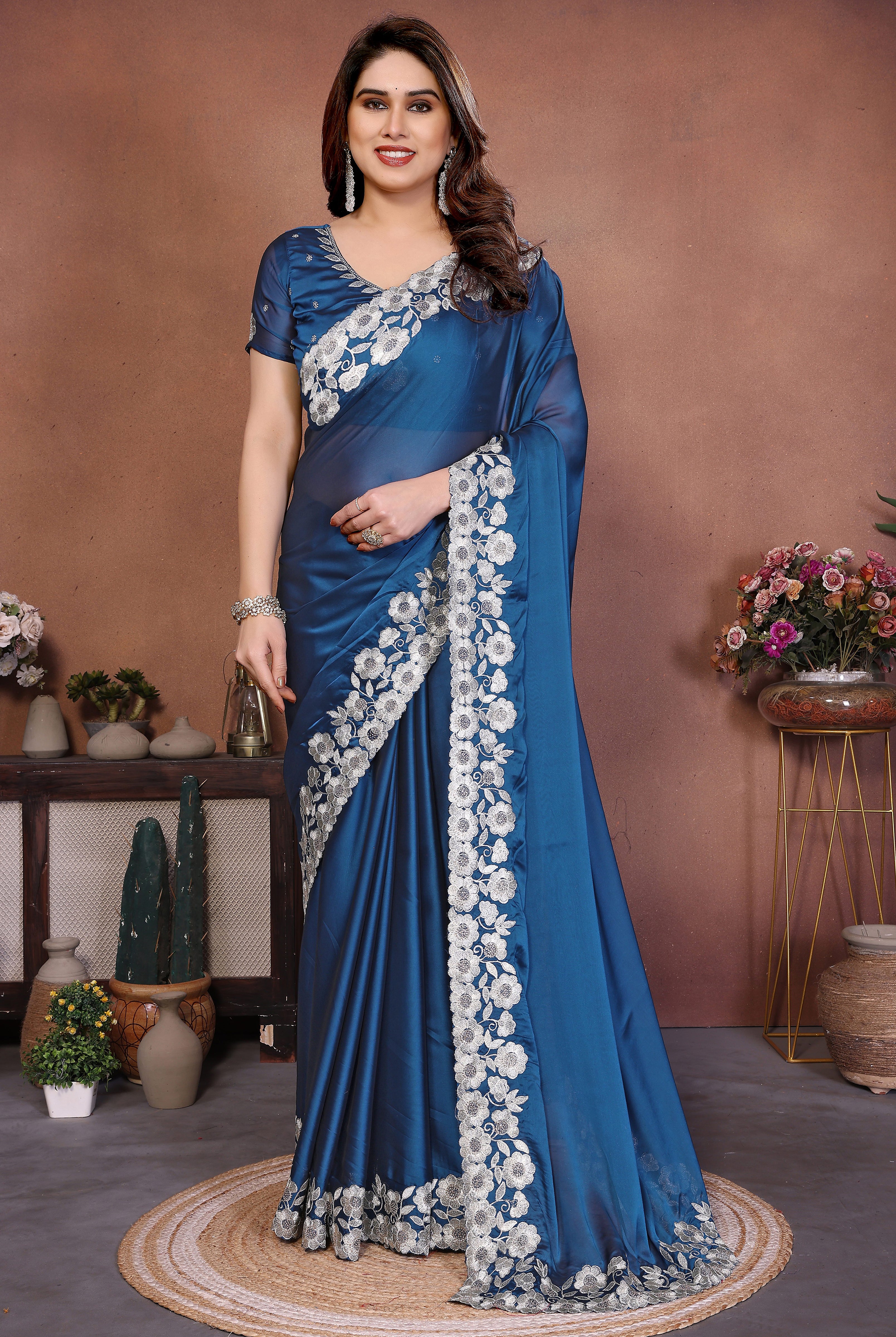 Blue Rangoli Silk Saree with Premium Heavy Embroidery Design