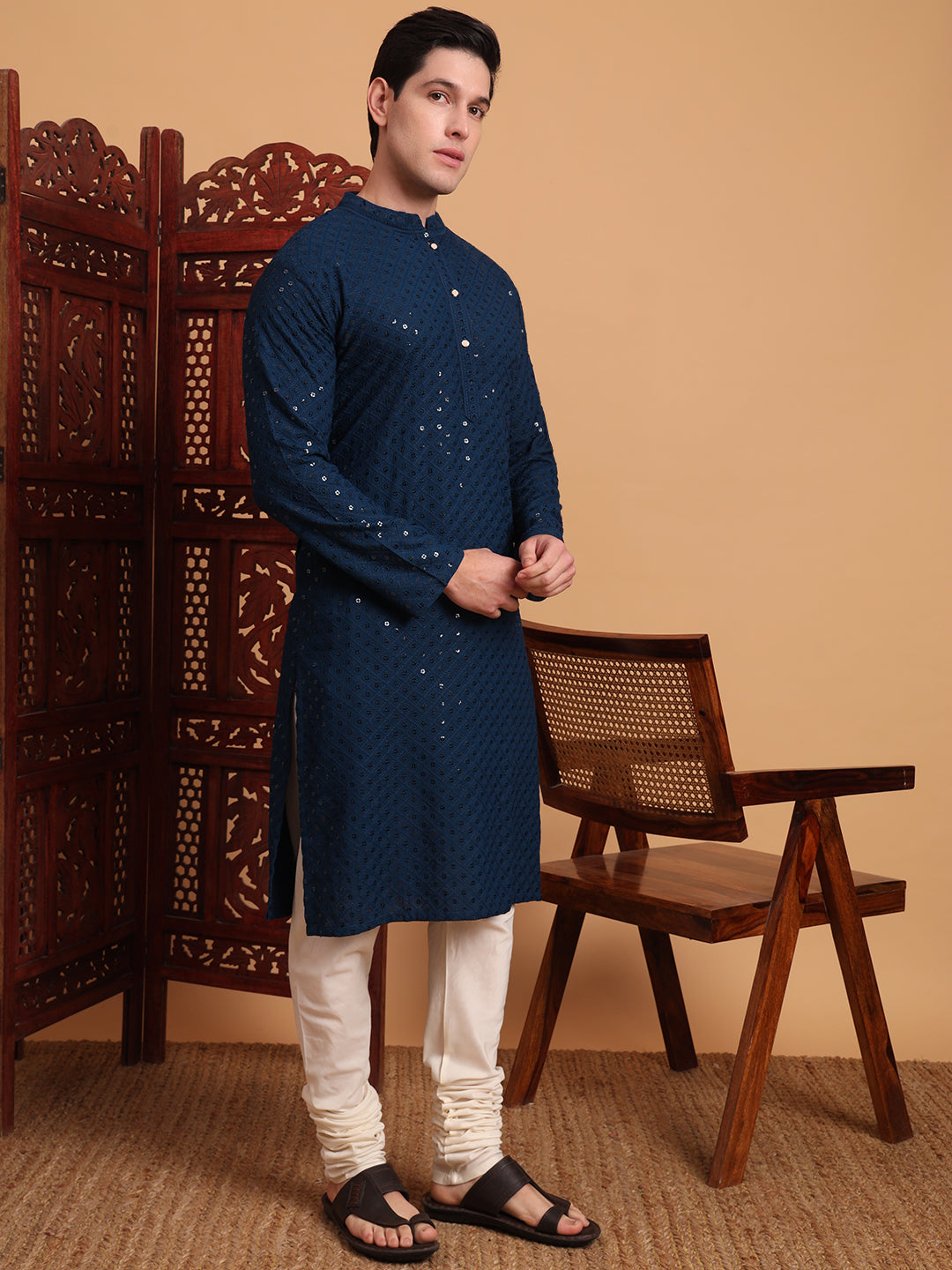 Blue Rayon Chikankari Embroidered Traditional Kurta Pajama