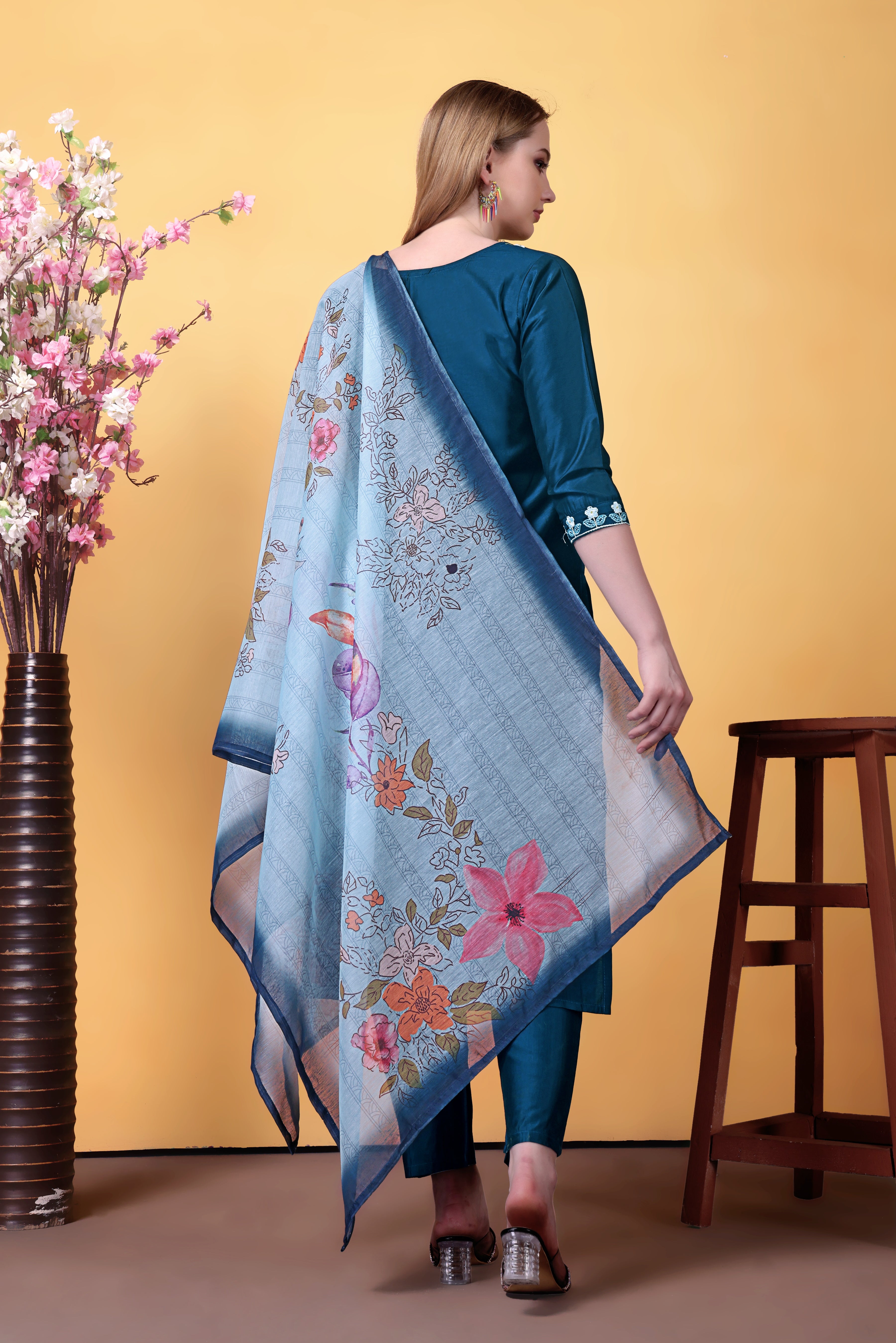 Blue Rayon Kurta Pant Set With Heavy Thread Embroidery Work With Printed Dupatta