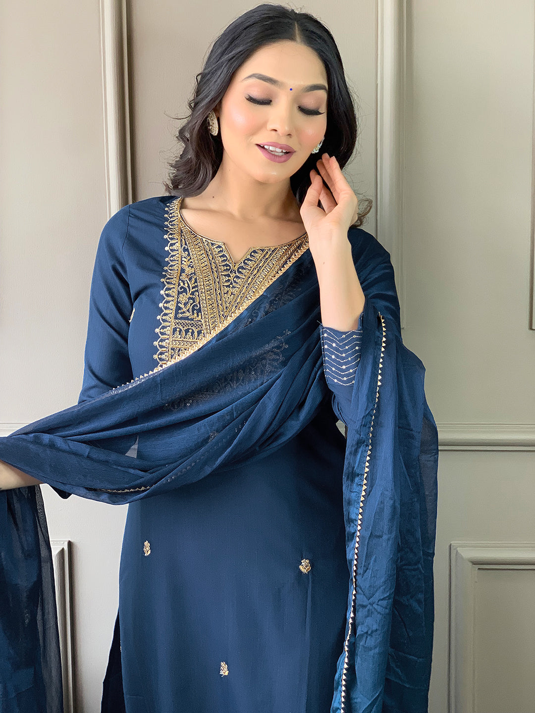 Blue Rayon Slub Elegant Kurta Pant Set With Embroidery Work
