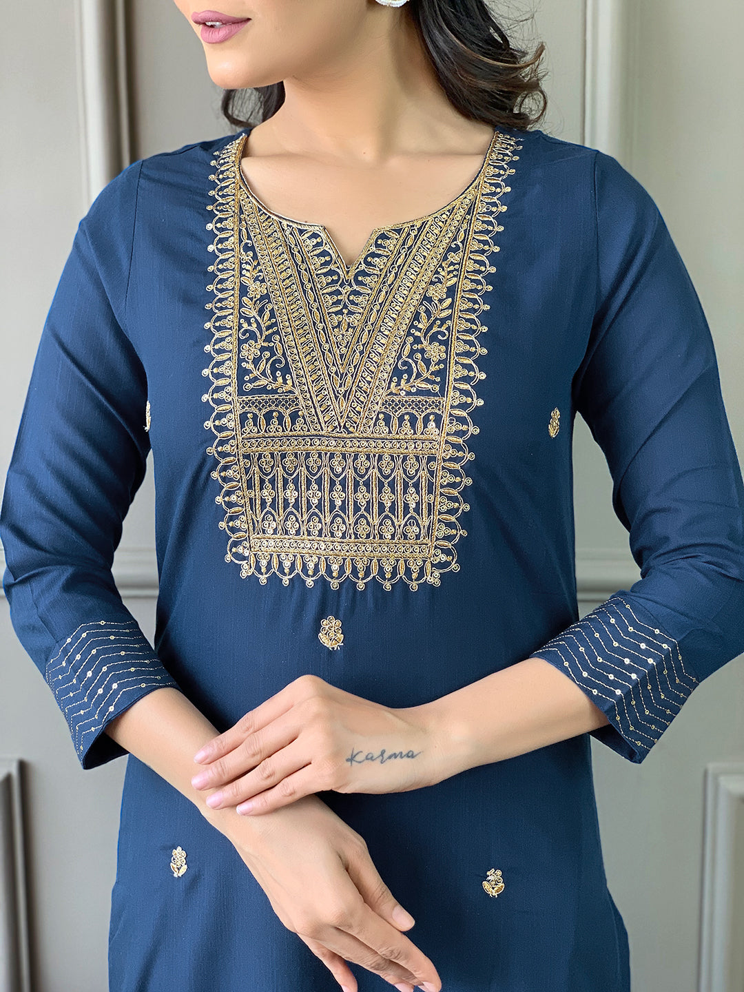Blue Rayon Slub Elegant Kurta Pant Set With Embroidery Work