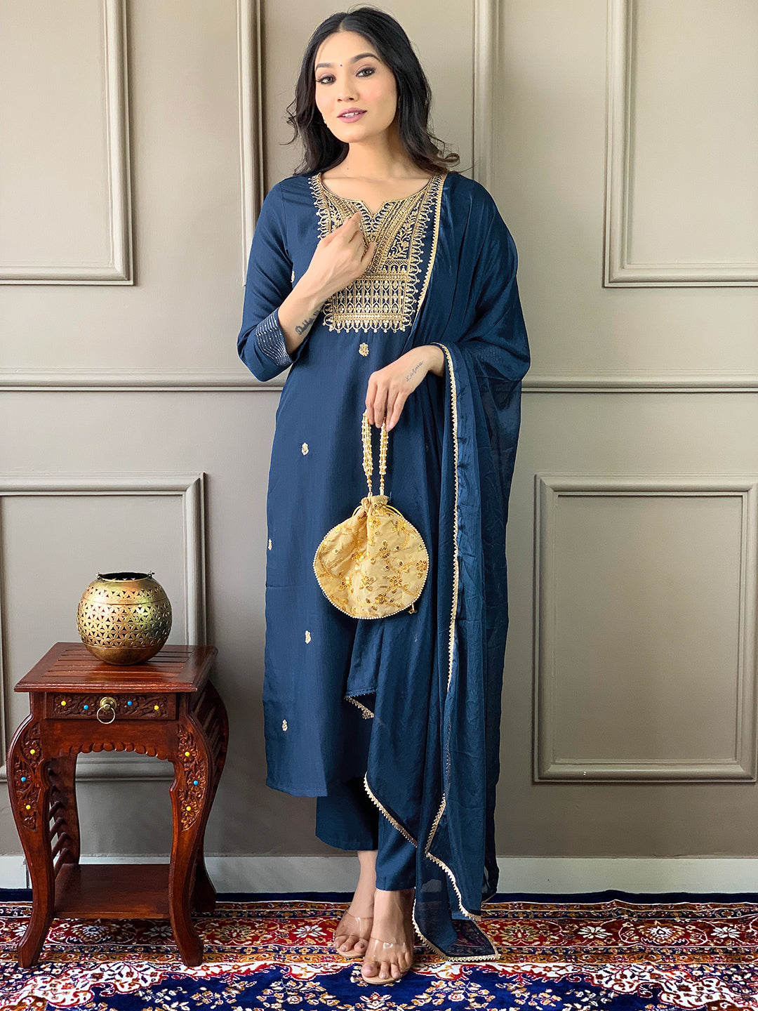 Blue Rayon Slub Elegant Kurta Pant Set With Embroidery Work