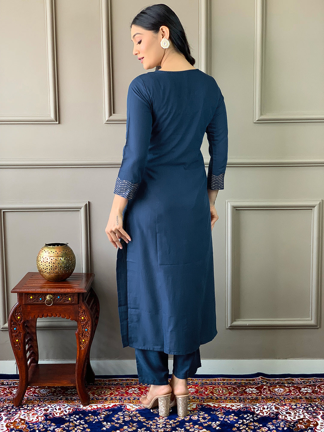 Blue Rayon Slub Elegant Kurta Pant Set With Embroidery Work