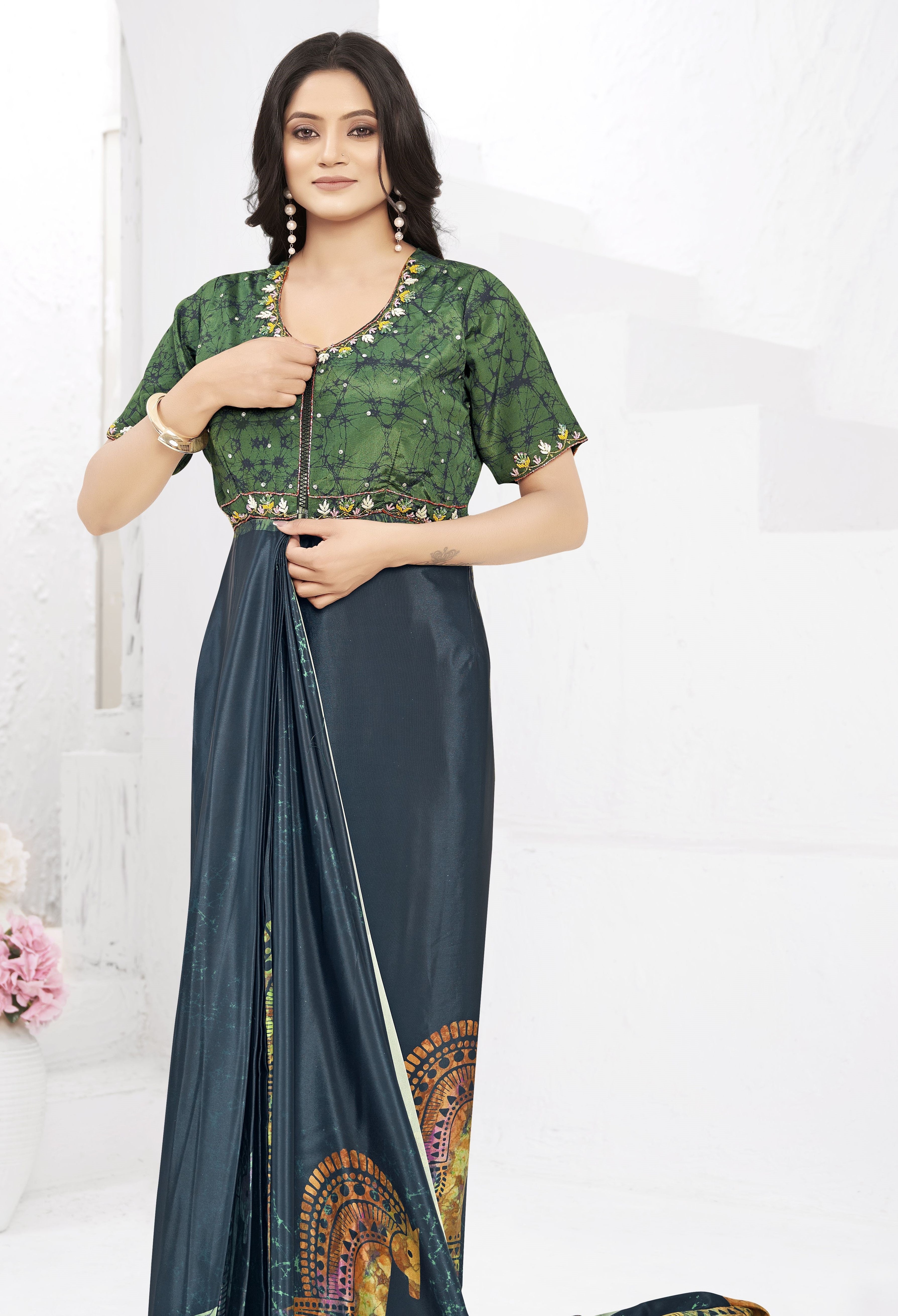 Blue Ready To Wear Gown Style Designer Printed Saree With Embroidery Work Blouse