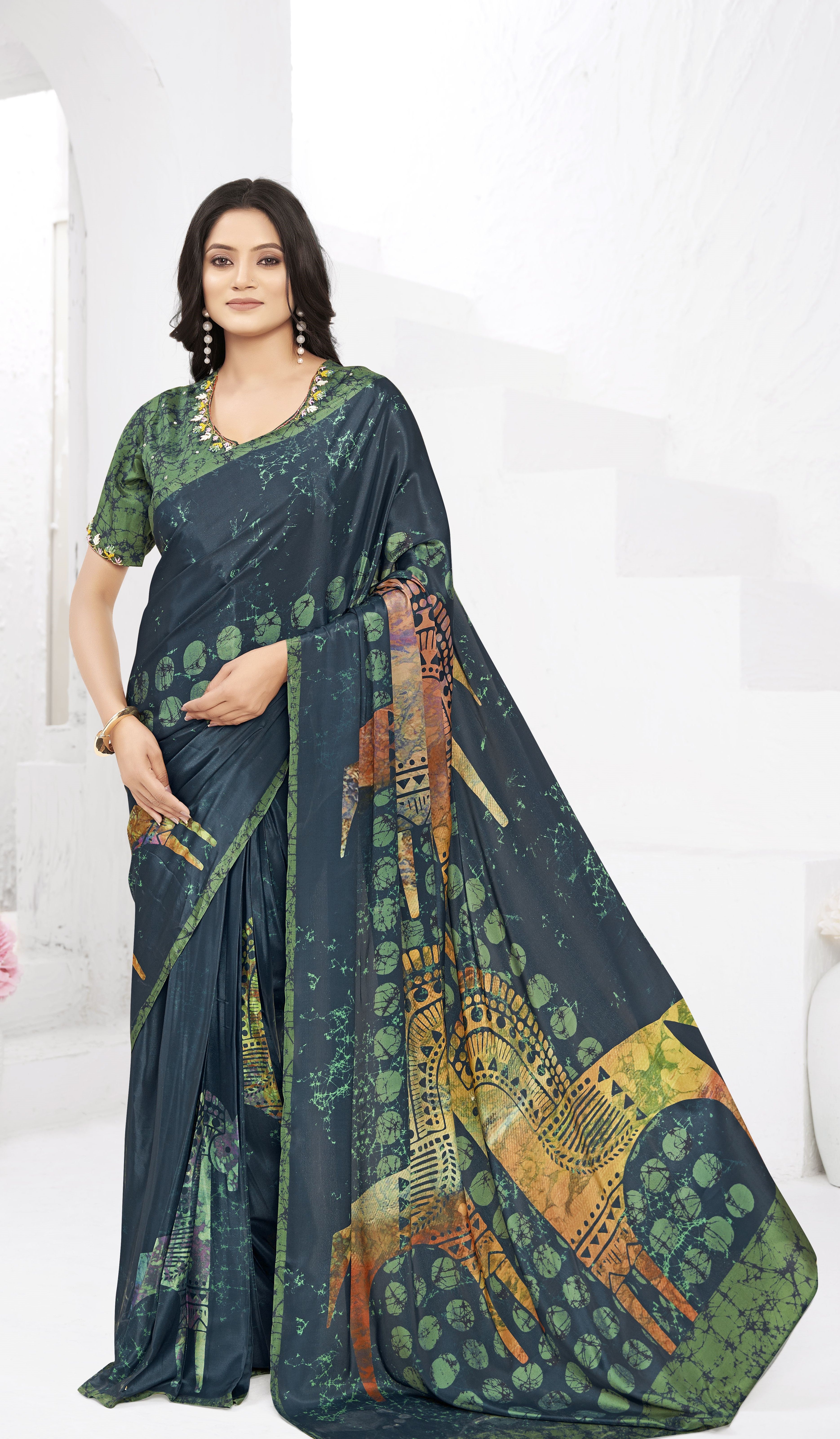 Blue Ready To Wear Gown Style Designer Printed Saree With Embroidery Work Blouse