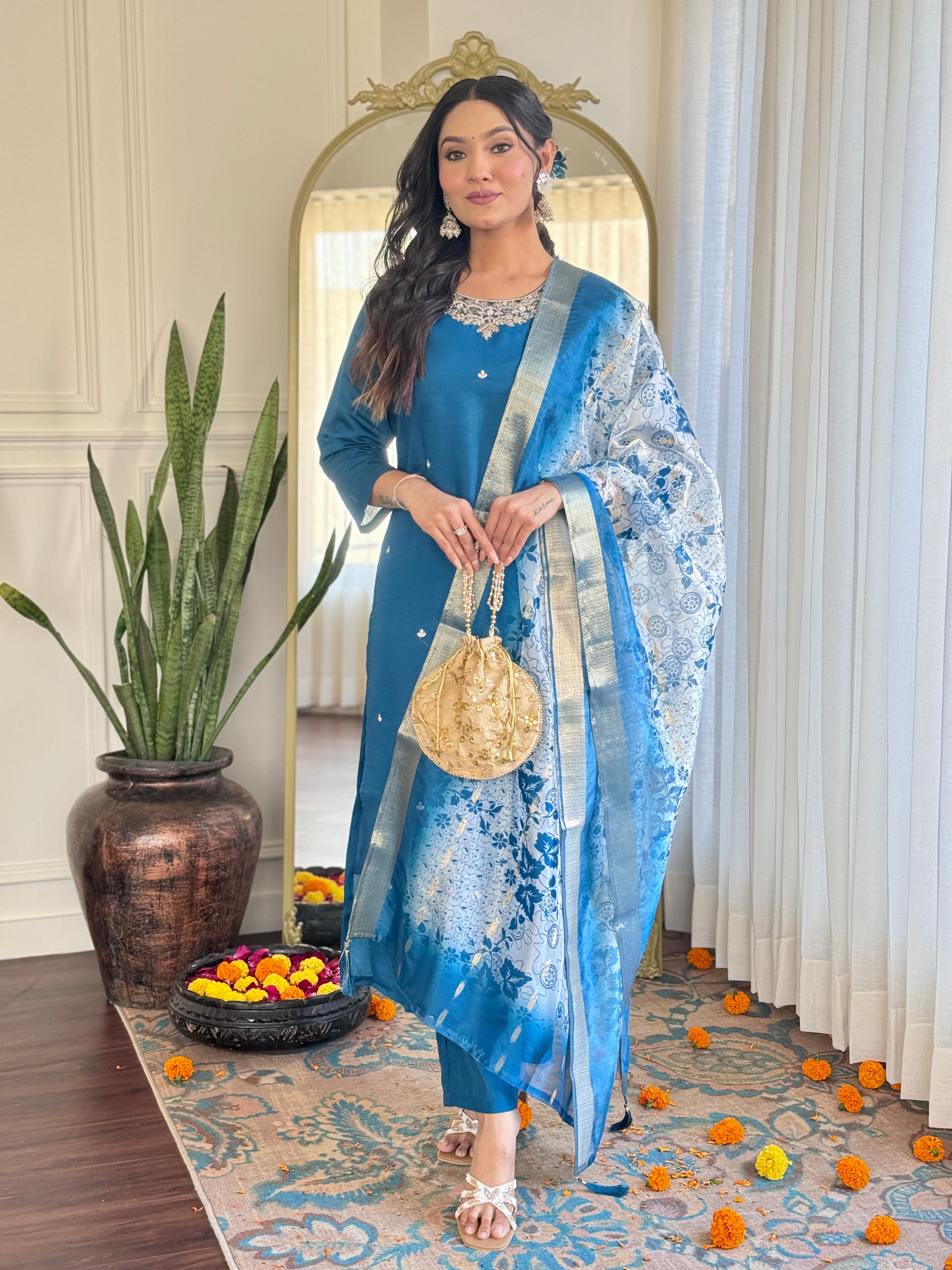 Blue Roman Silk Kurta Pant with Heavy Thread Embroidery Work With Printed Dupatta