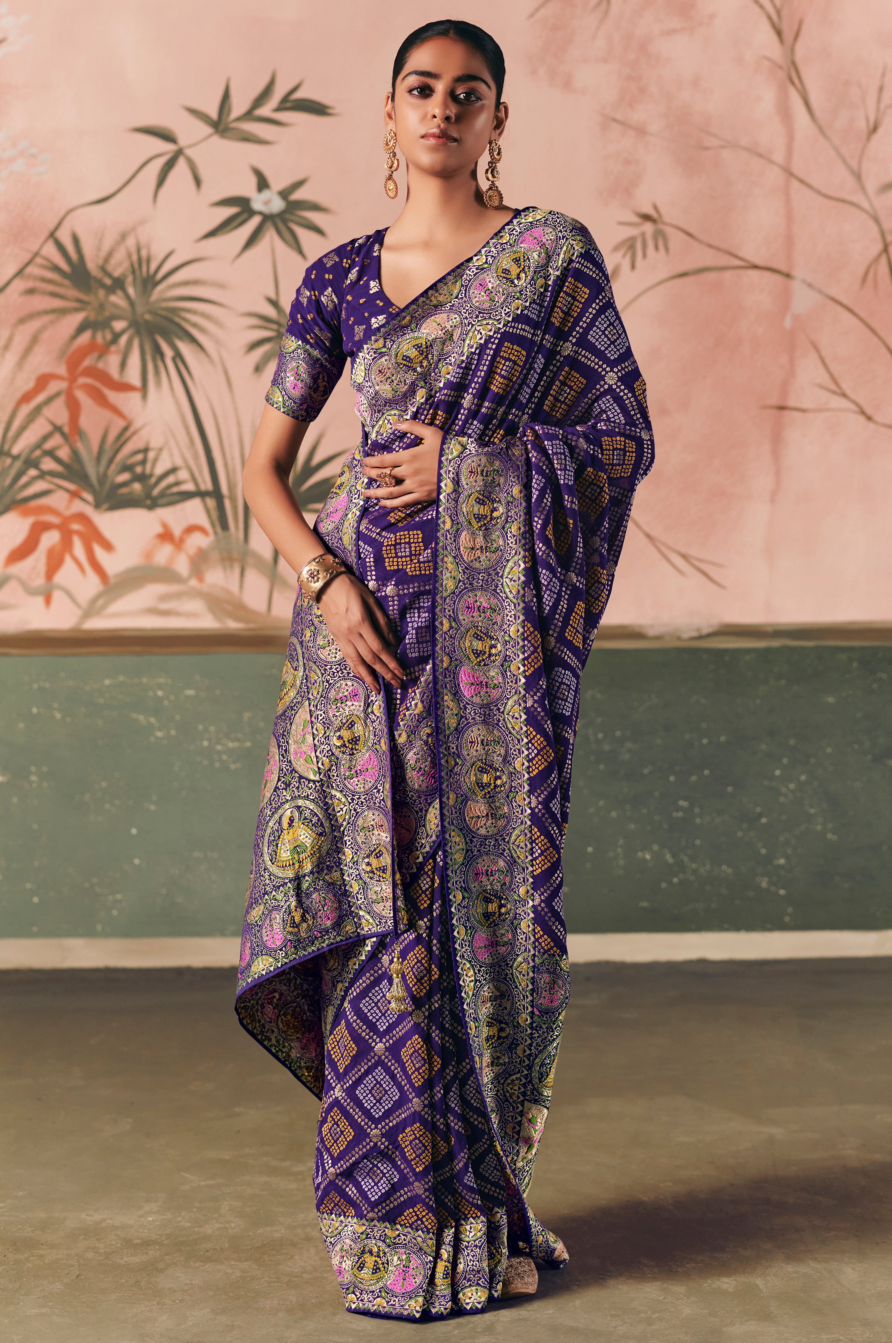 Blue Saree With Designer Bandhej Weaving Work With Beutifull Tassles Attached