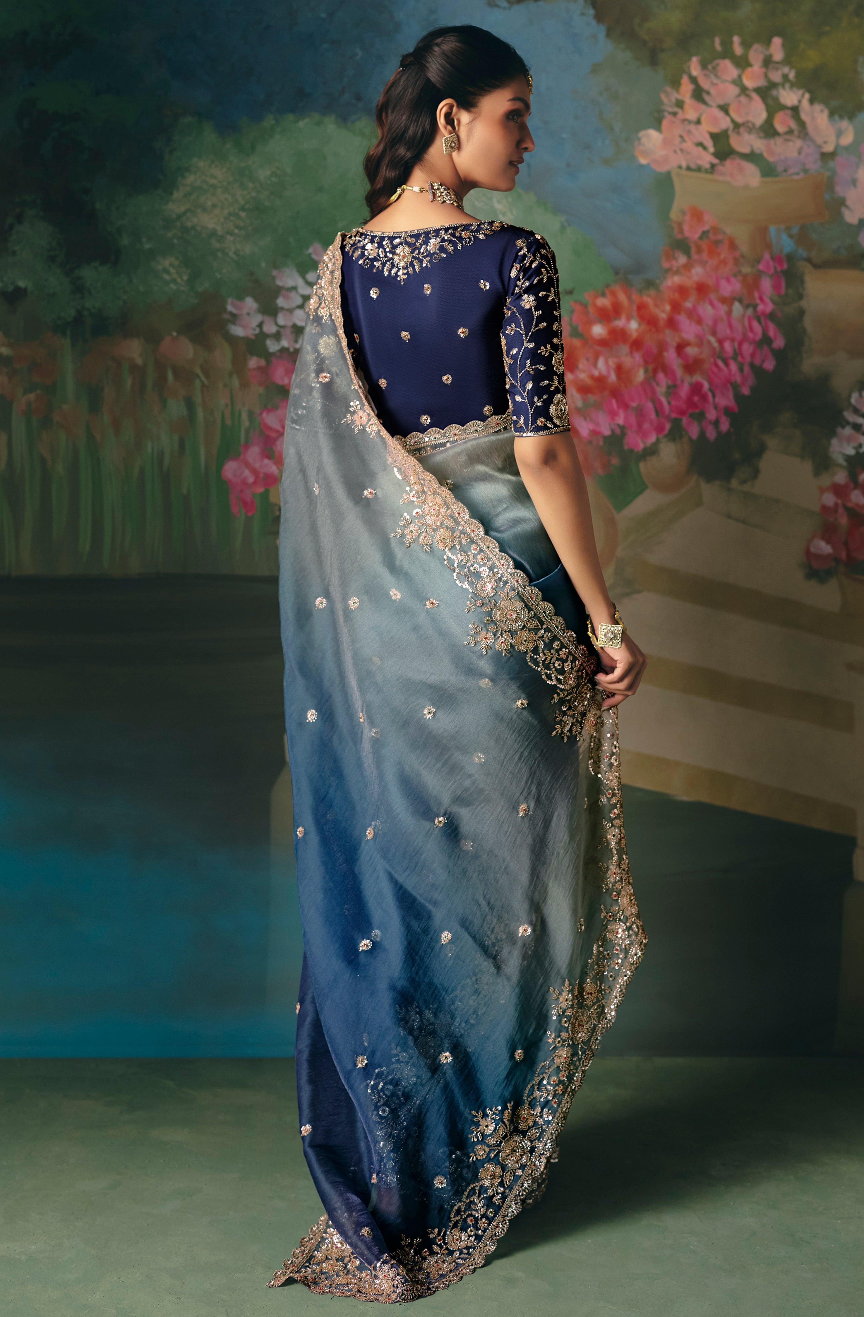 Blue Saree With Heavy Designer Embroidery, Sequince, Stone, With Beads Work