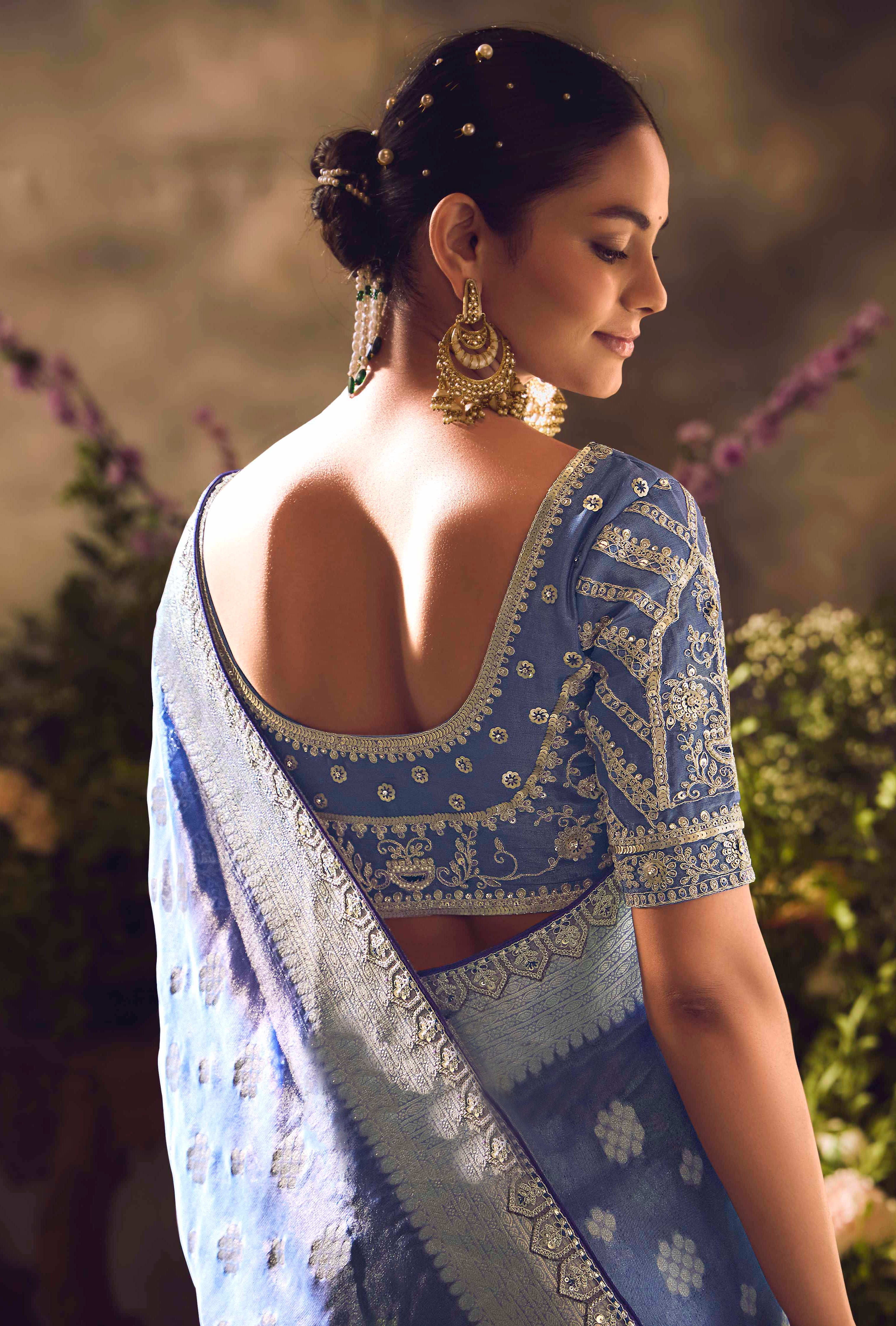 Blue Saree With Jacquard Woven Work with Embroidered Lace Border