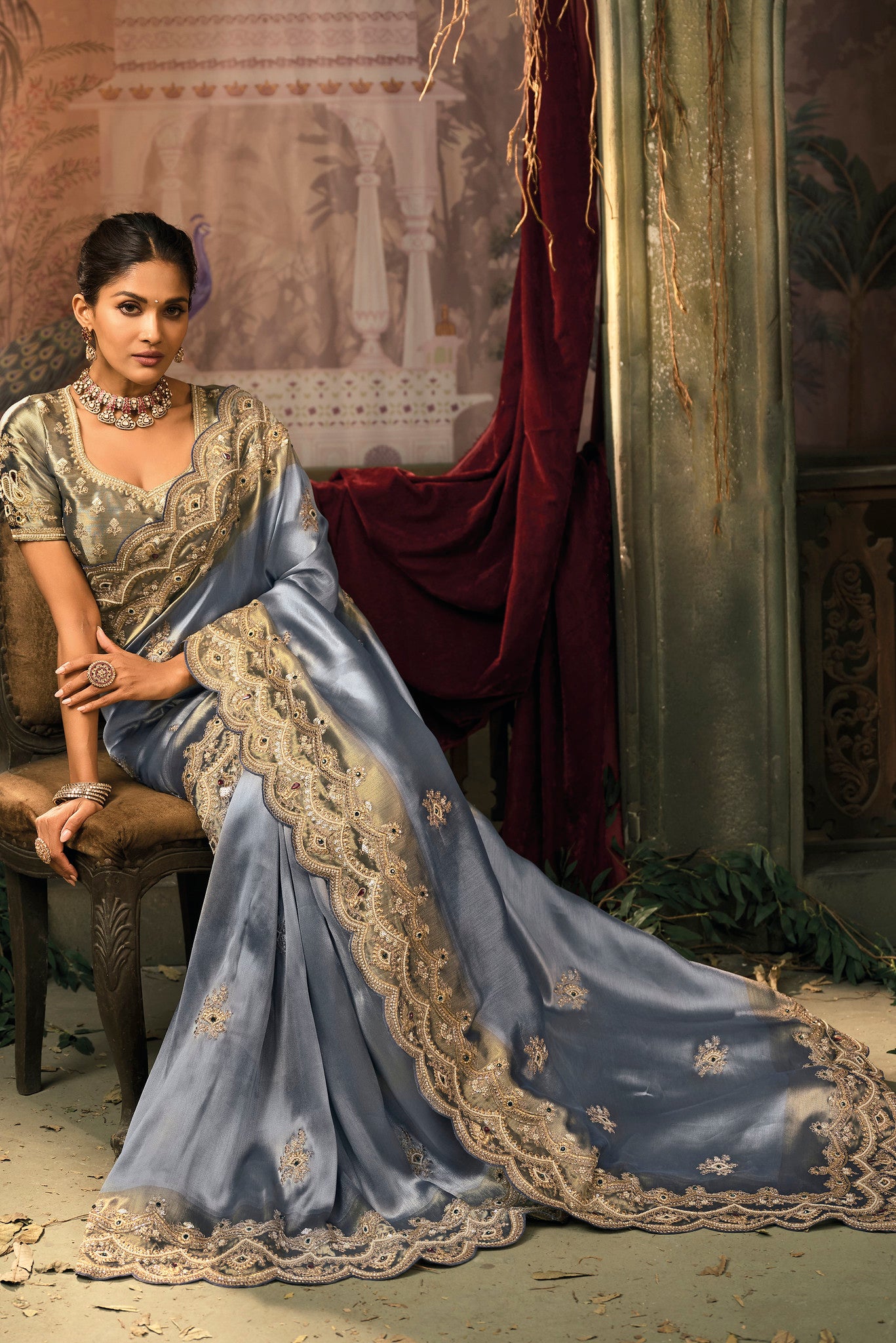 Blue Saree With Jari, Moti, Emerald With Cut-Dana Heavy Work