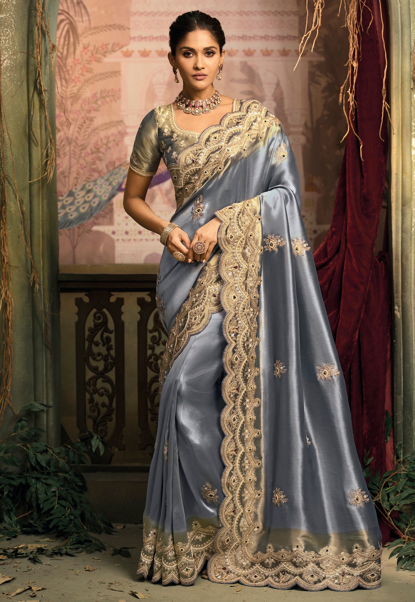 Blue Saree With Jari, Moti, Emerald With Cut-Dana Heavy Work