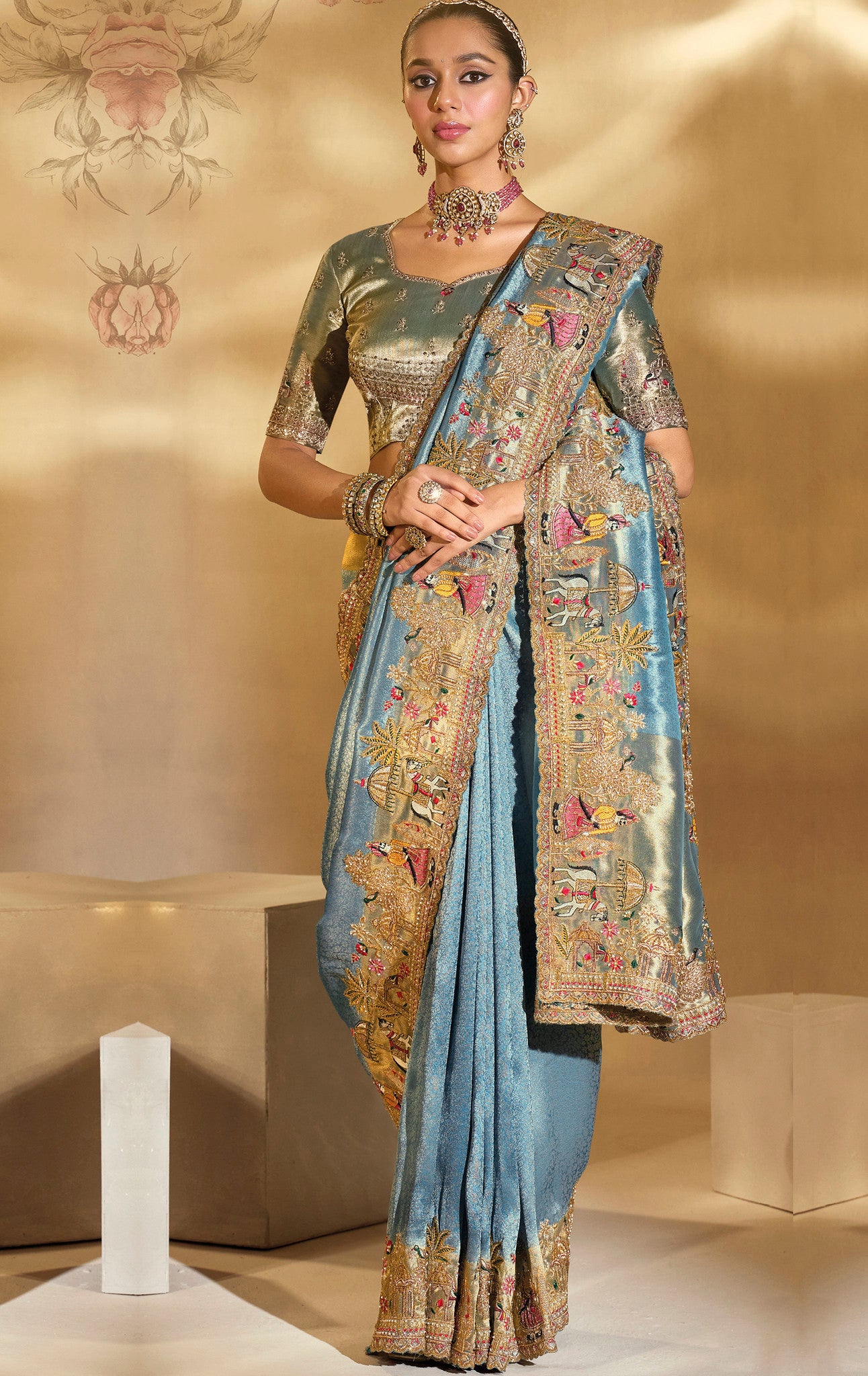 Blue Saree With Jari, Thread, Cut-Dana With Moti Heavy Work