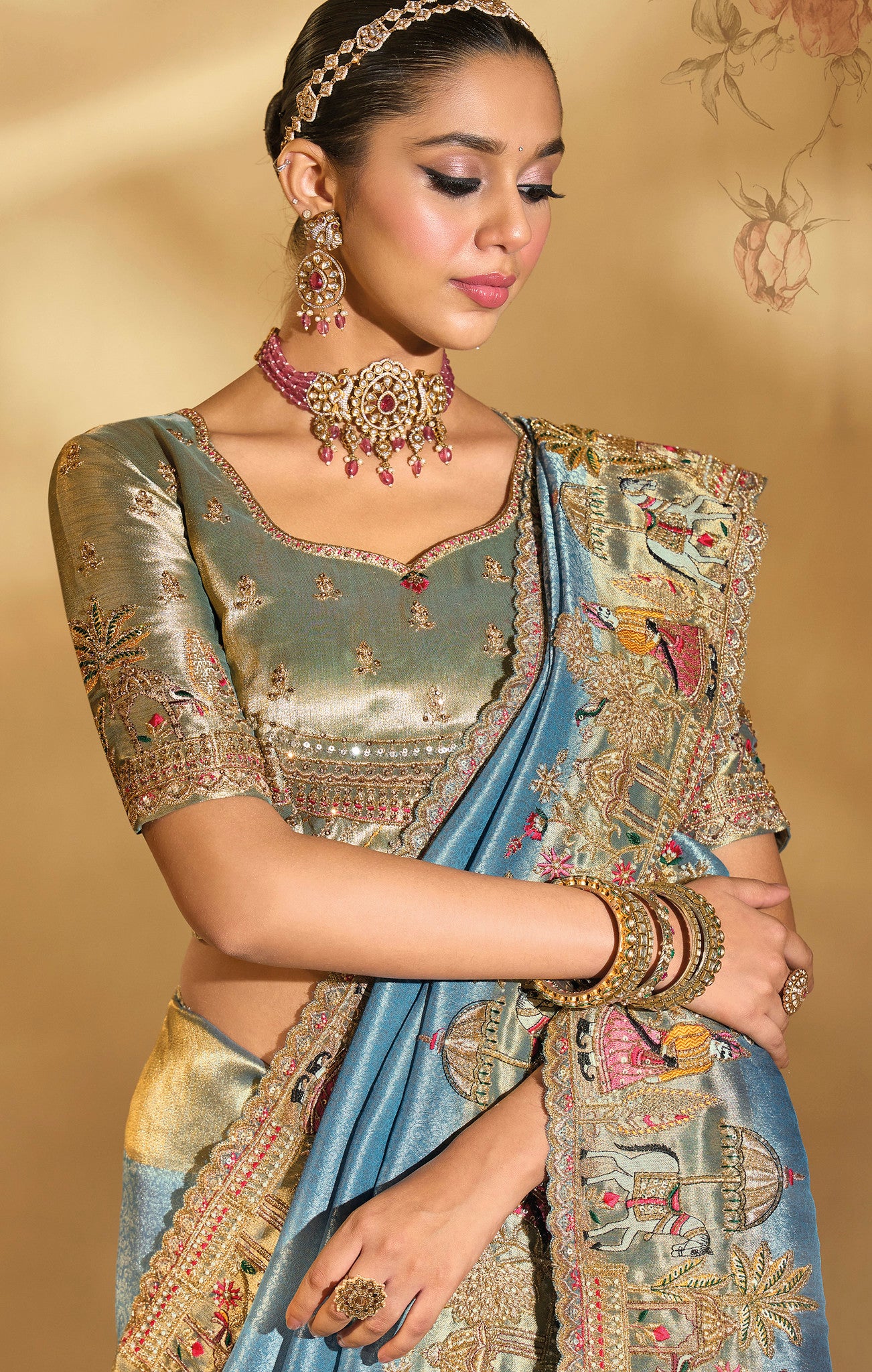 Blue Saree With Jari, Thread, Cut-Dana With Moti Heavy Work