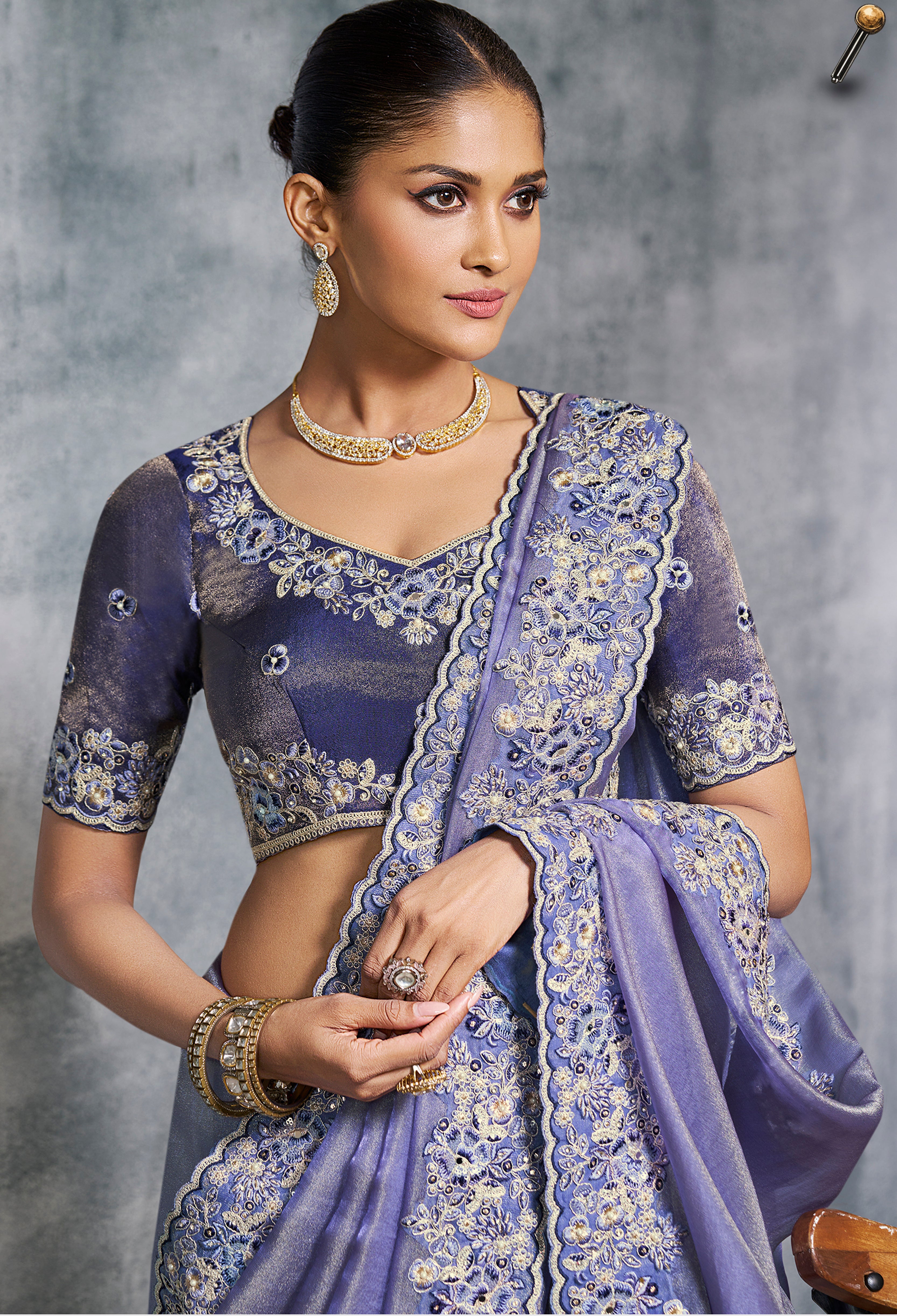 Blue Saree With Thread Embroidery Work ,Hand-Finished Stone & Mirror work With Embroidery Blouse