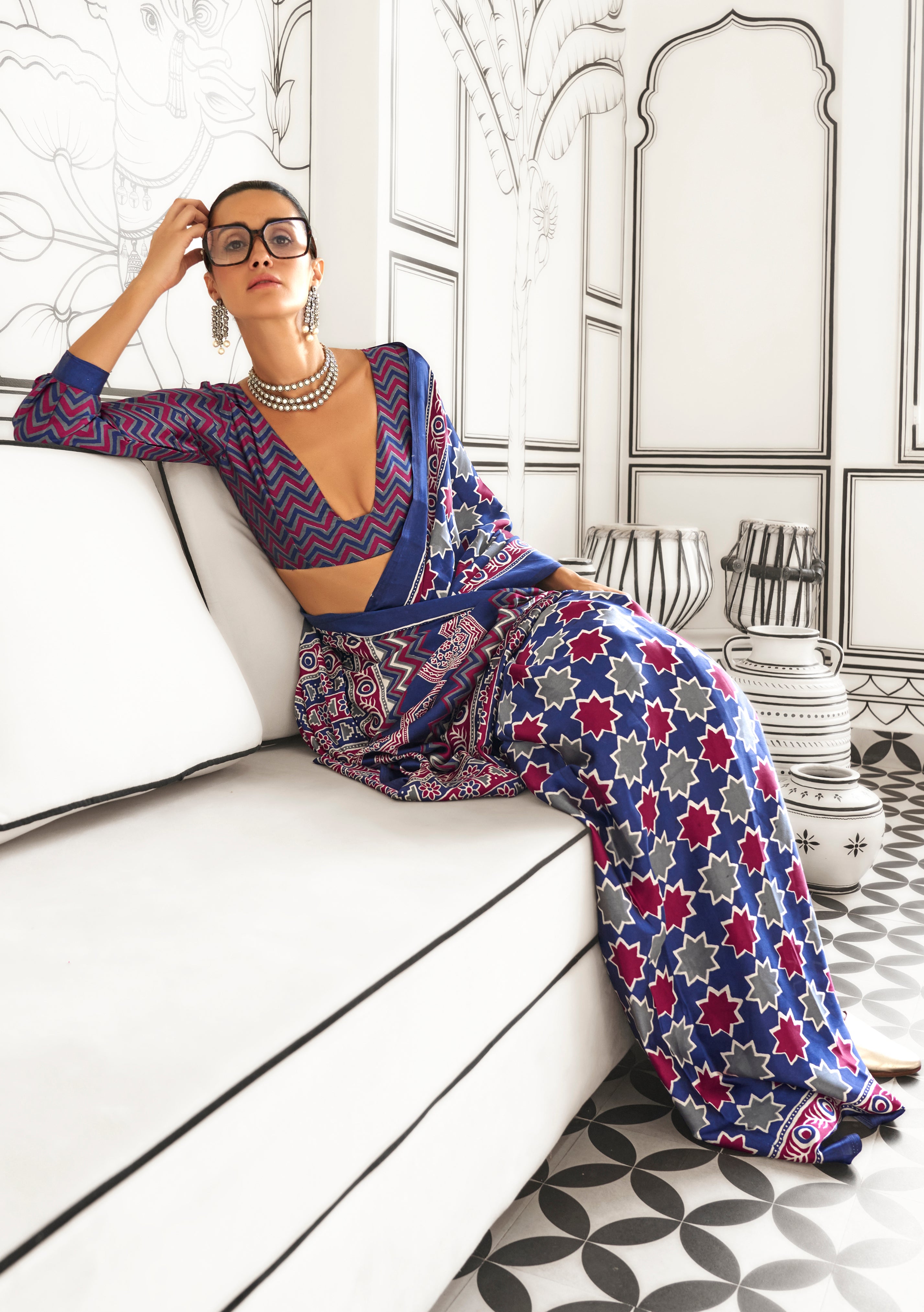 Blue Satin Crape Saree With Digital Print