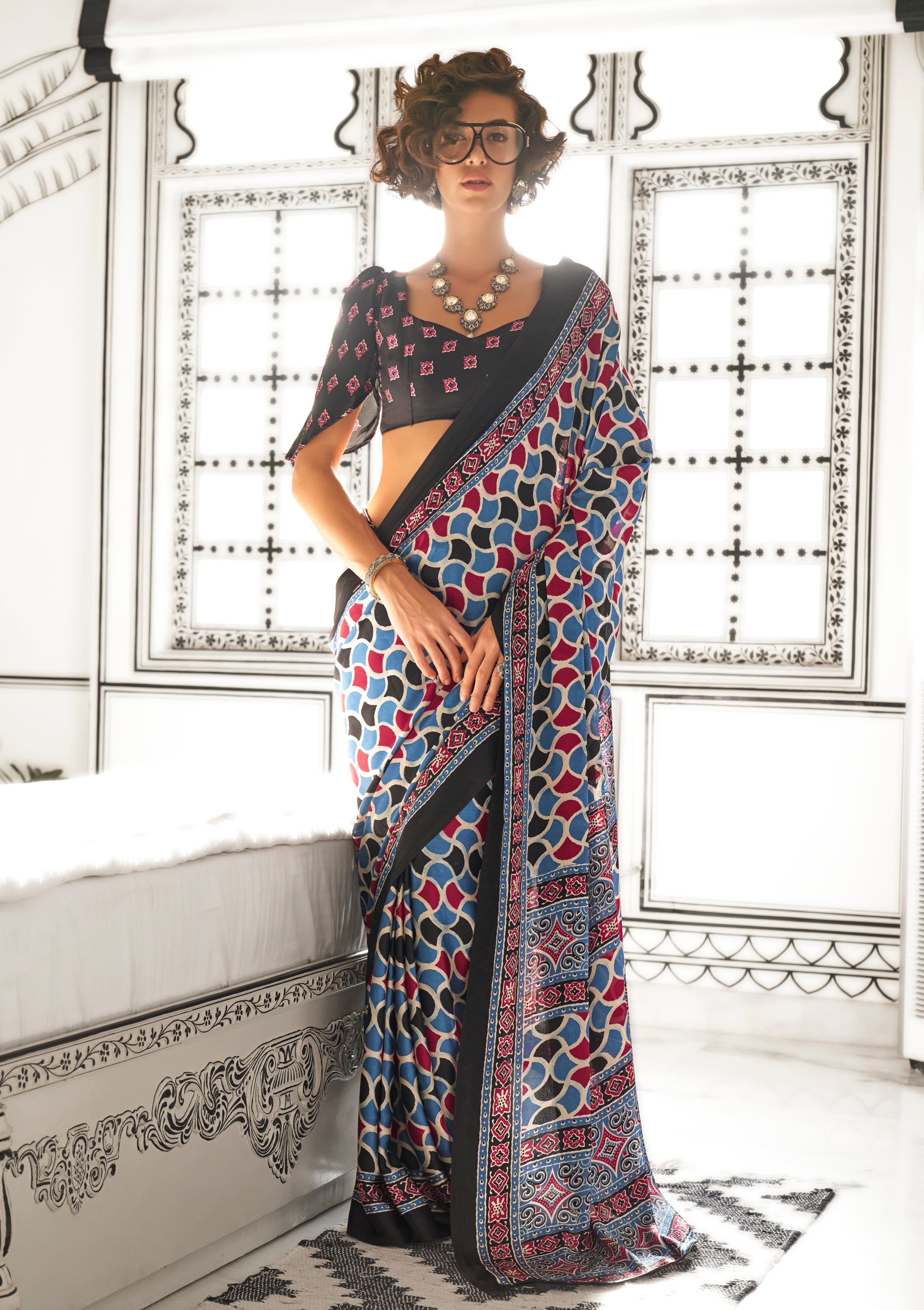 Blue Satin Crape Saree With Digital Print