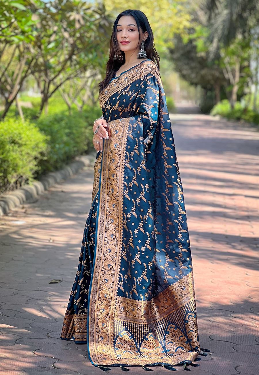 Blue Satin Saree With Woven Work