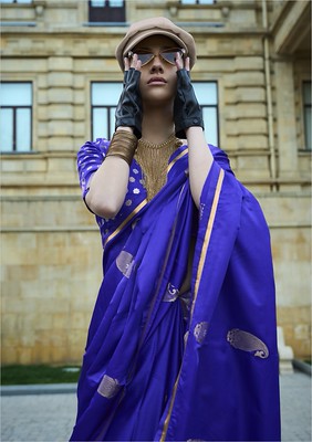 Blue Satin Silk Saree With Jacquard Woven Work