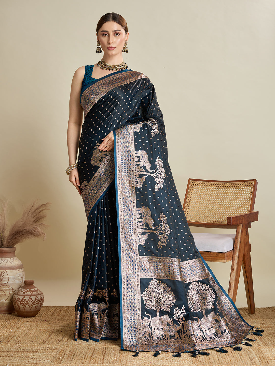 Blue Satin Silk Woven Designer Partywear Saree