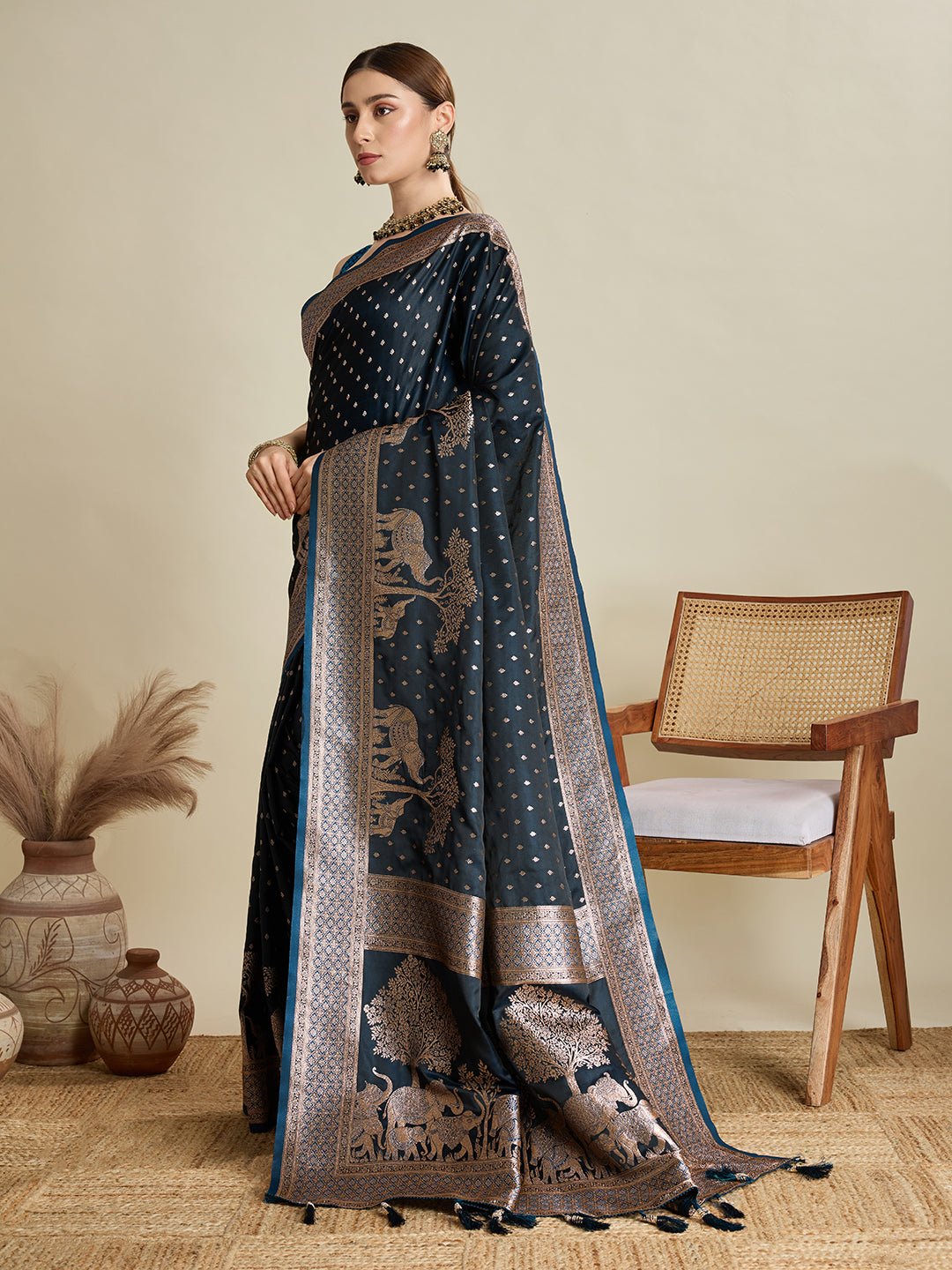 Blue Satin Silk Woven Designer Partywear Saree