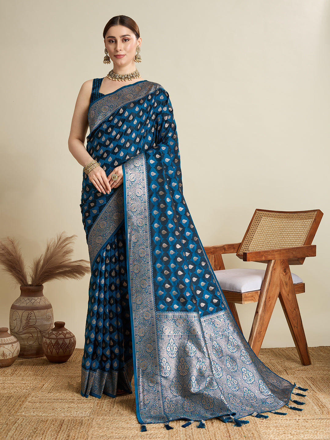 Blue Satin Silk Woven Jari Designer Graceful Ethnic Saree