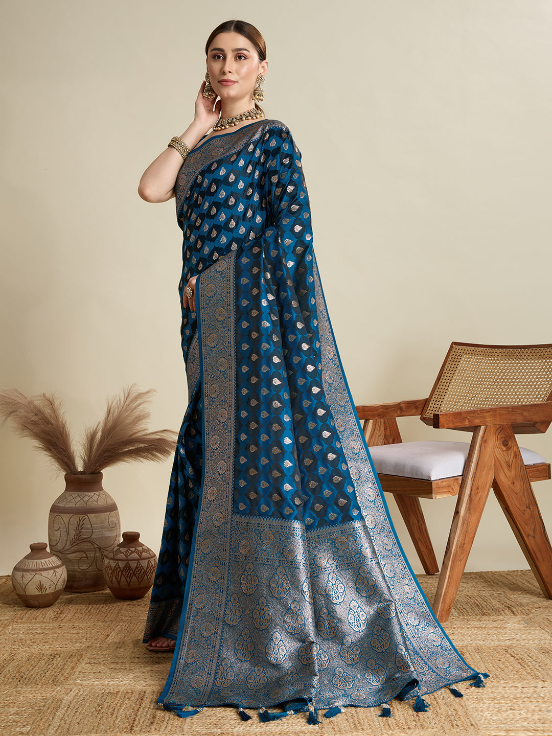 Blue Satin Silk Woven Jari Designer Graceful Ethnic Saree
