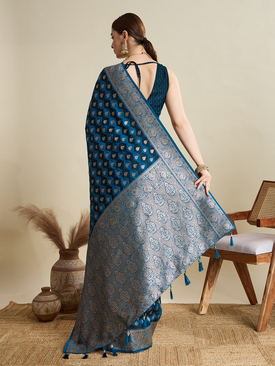 Blue Satin Silk Woven Jari Designer Graceful Ethnic Saree