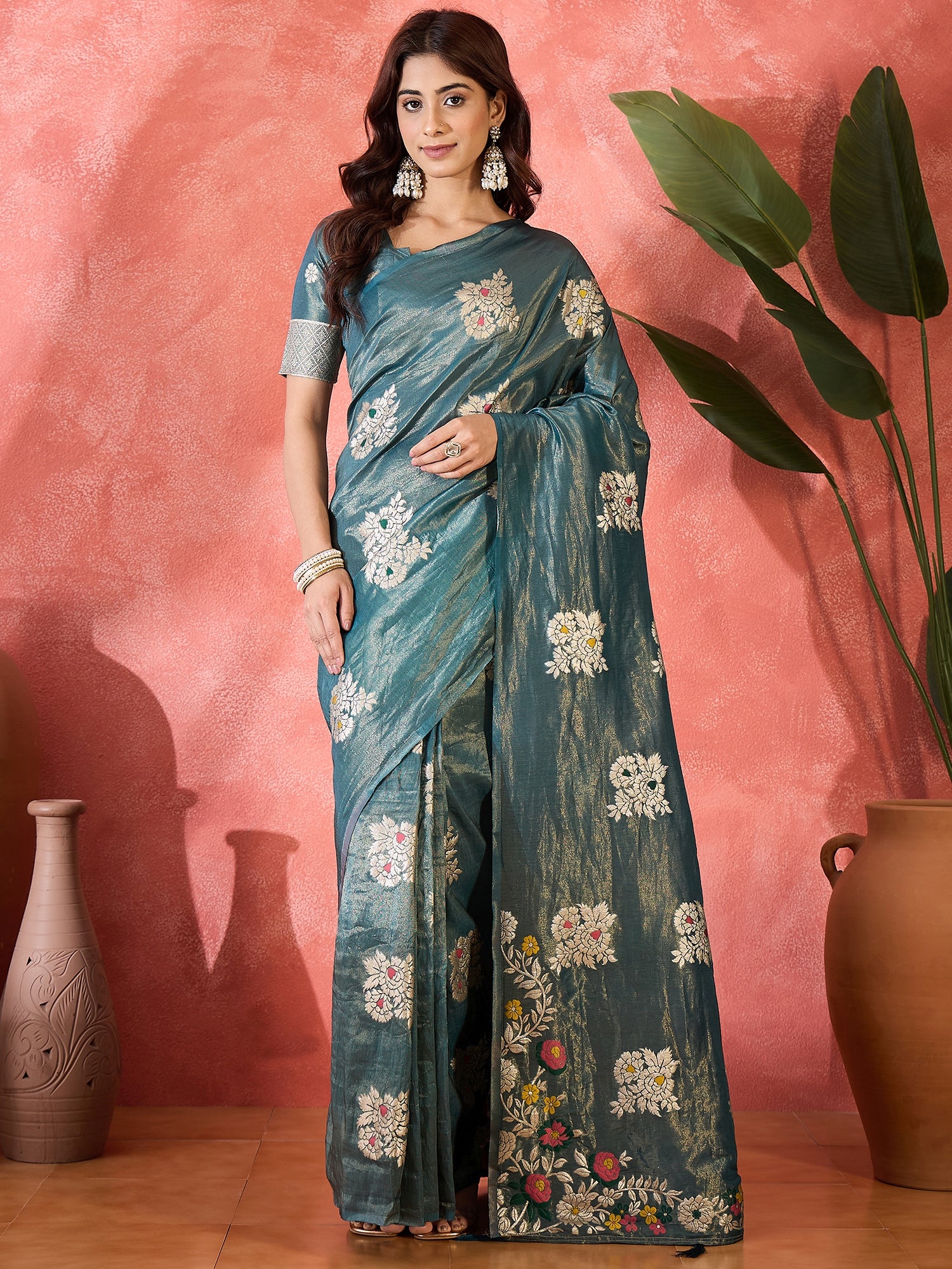 Blue Shimmer Silk Woven Jacquard Designer Traditional Partywear Saree
