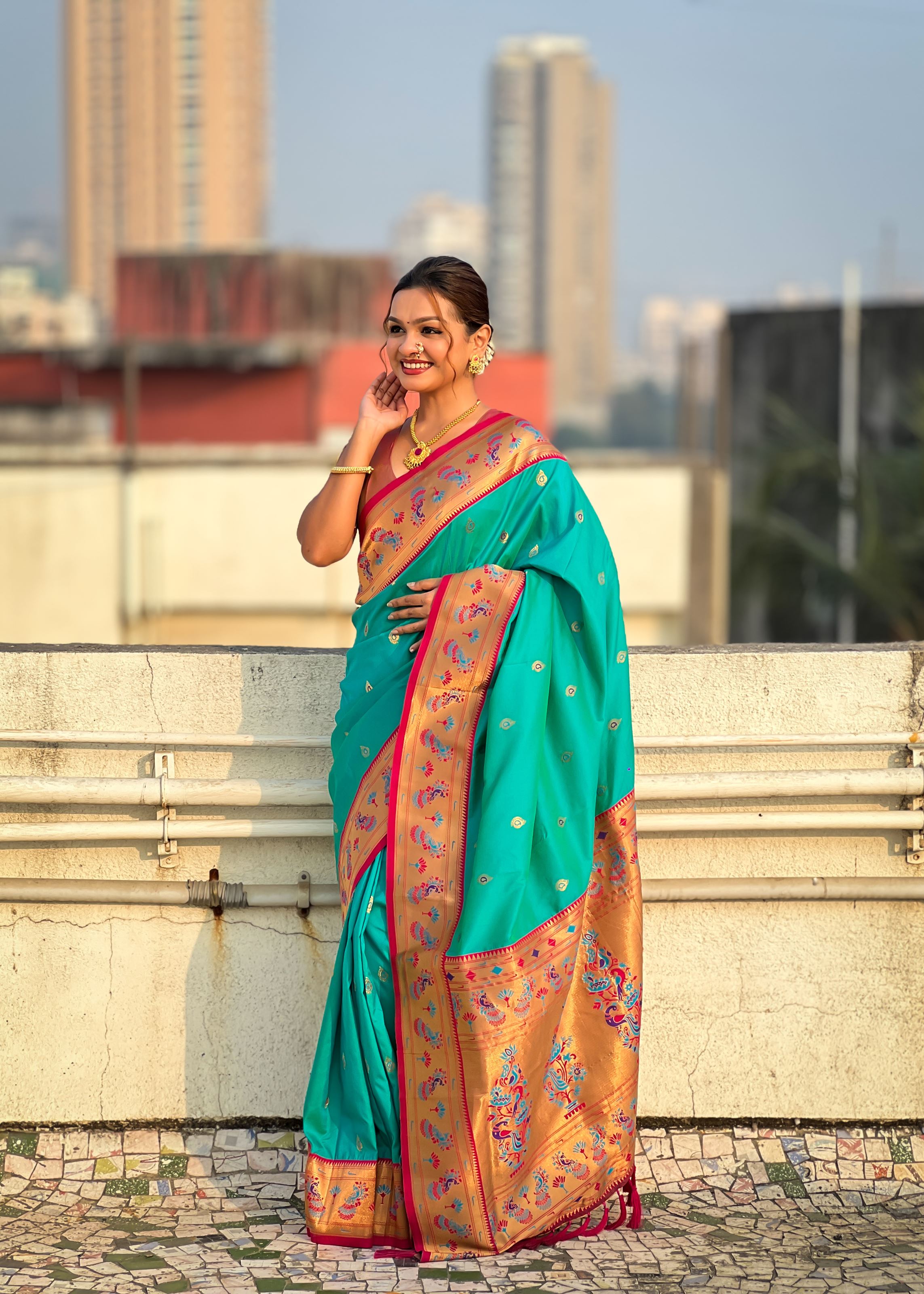 Blue Silk Blend Paithani Saree