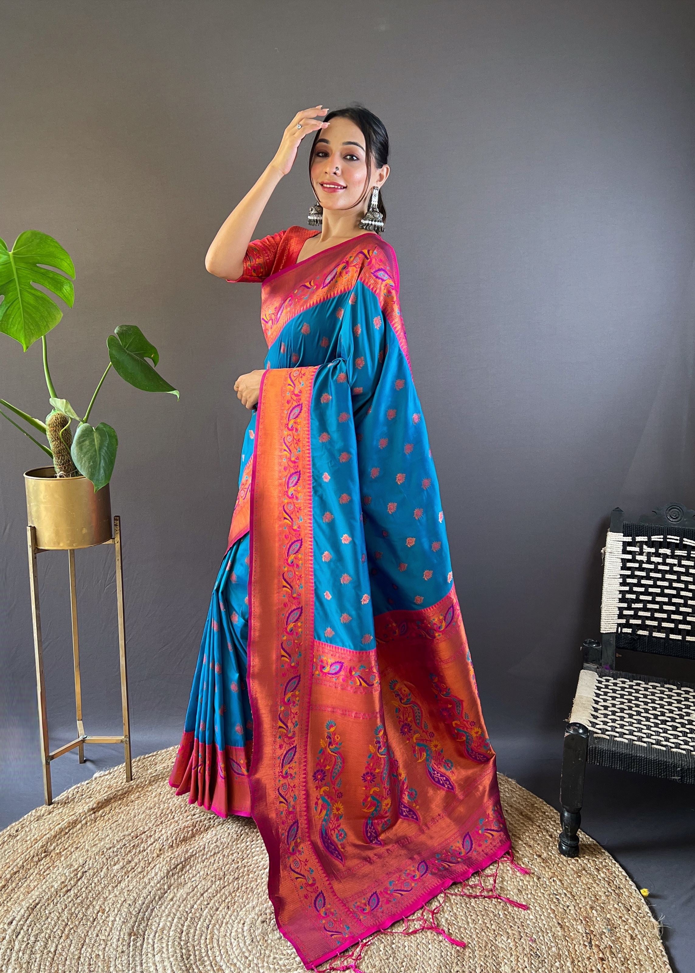 Blue Silk Blend Paithani Saree