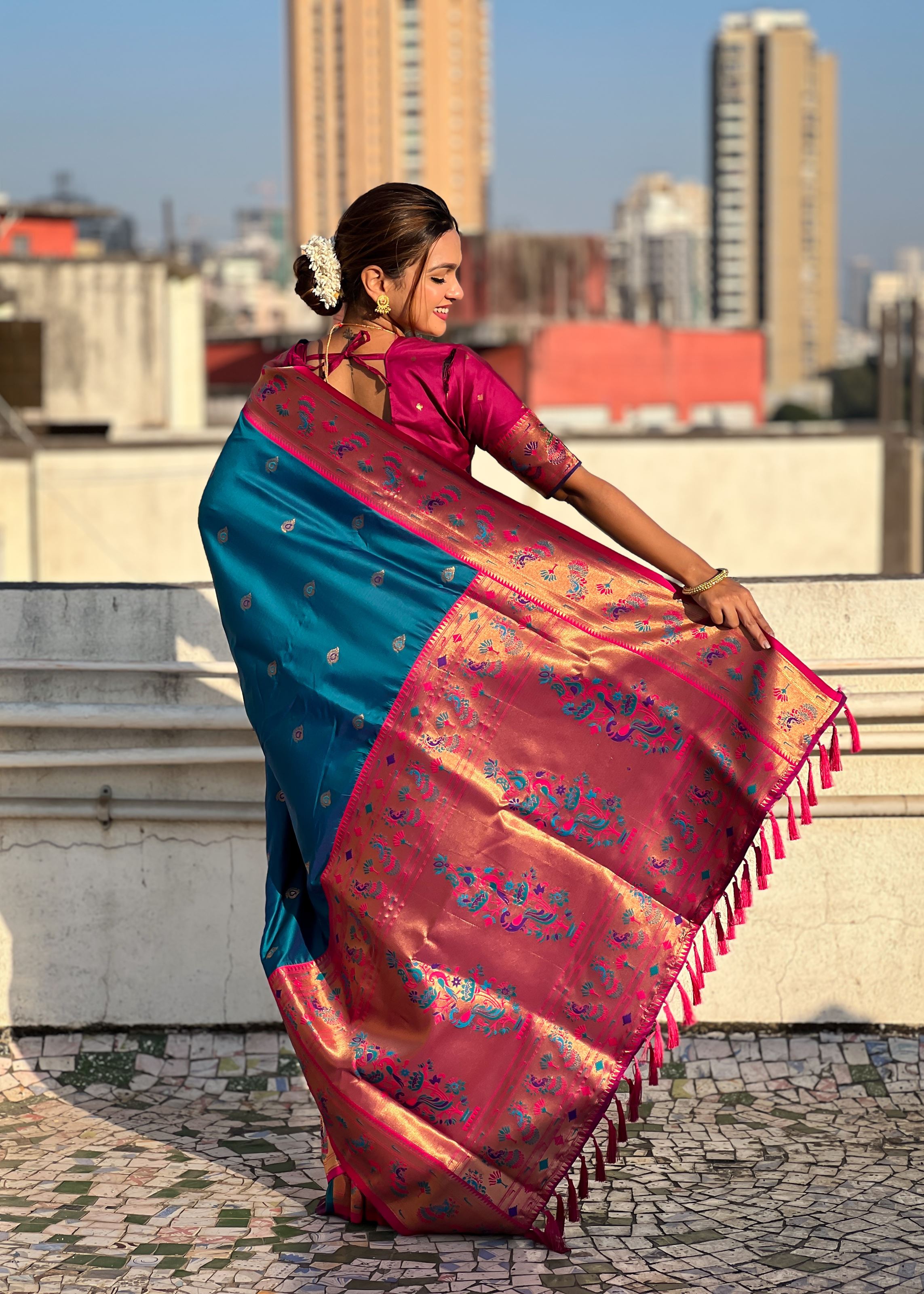 Blue Silk Blend Paithani Saree