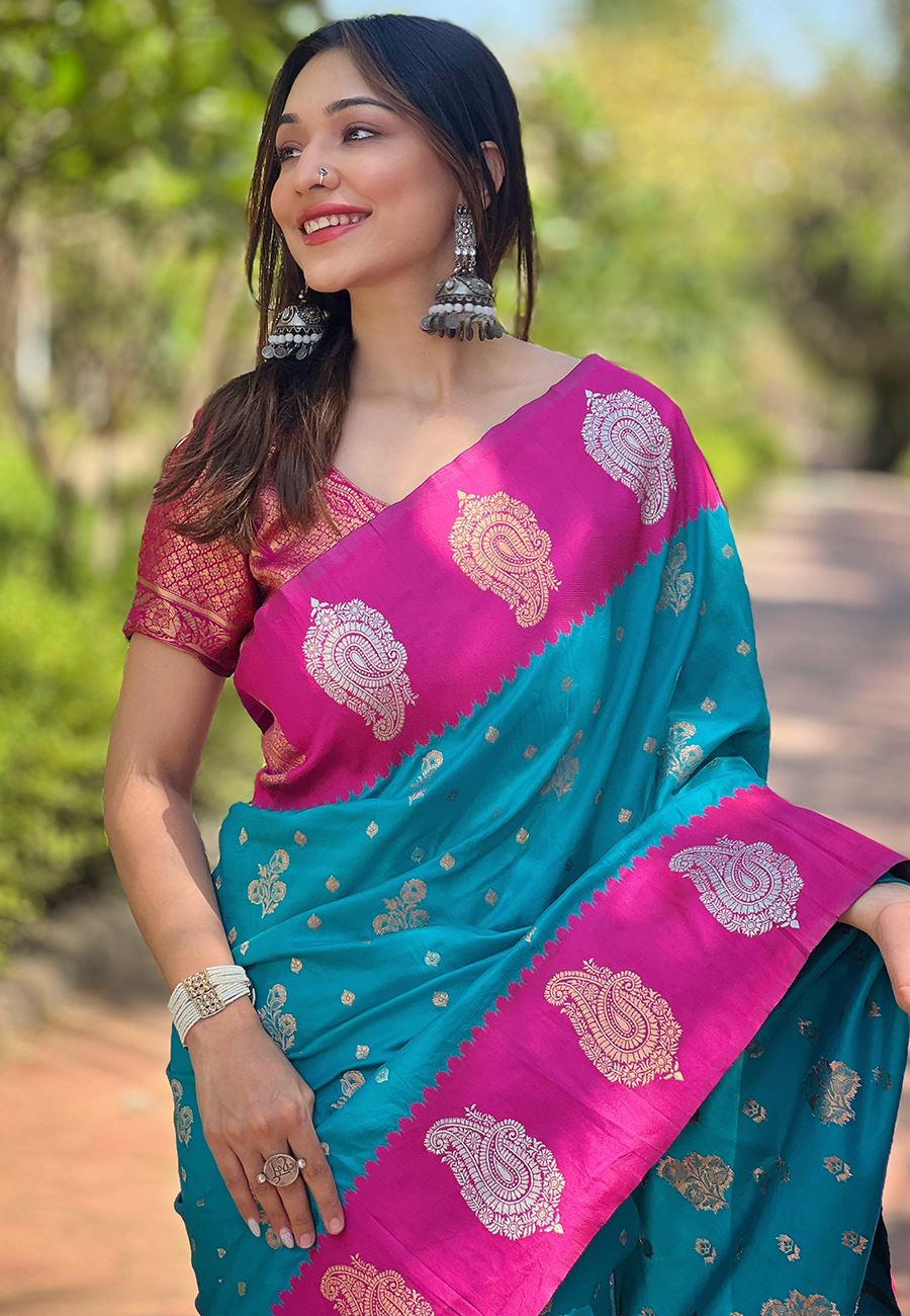 Blue Silk Blend Saree With Floral Border Zari Woven Work