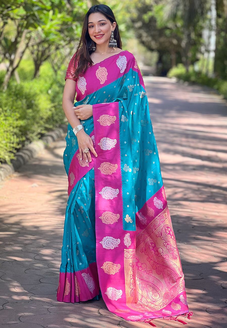 Blue Silk Blend Saree With Floral Border Zari Woven Work