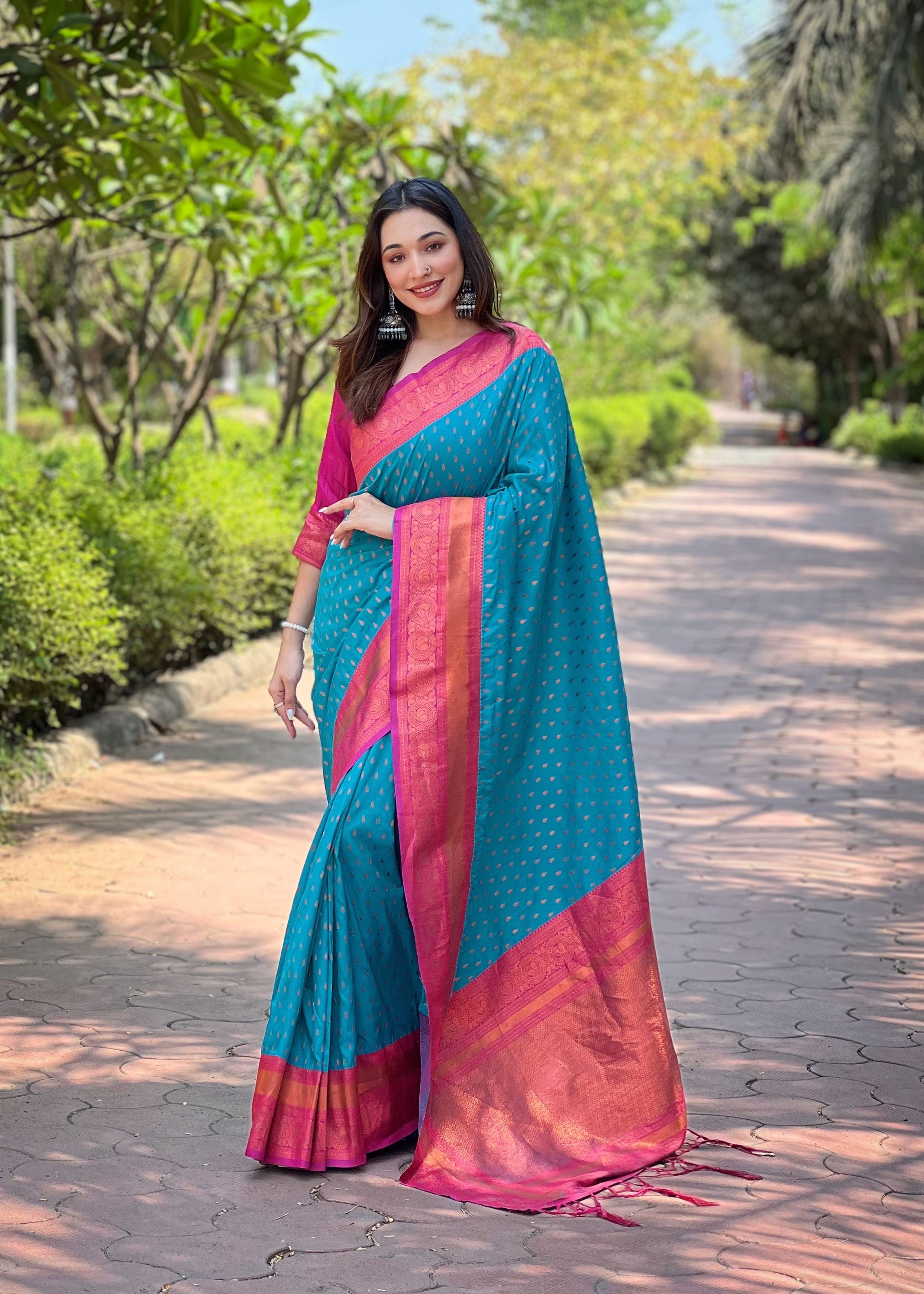 Blue Silk Blend Saree With Woven Work