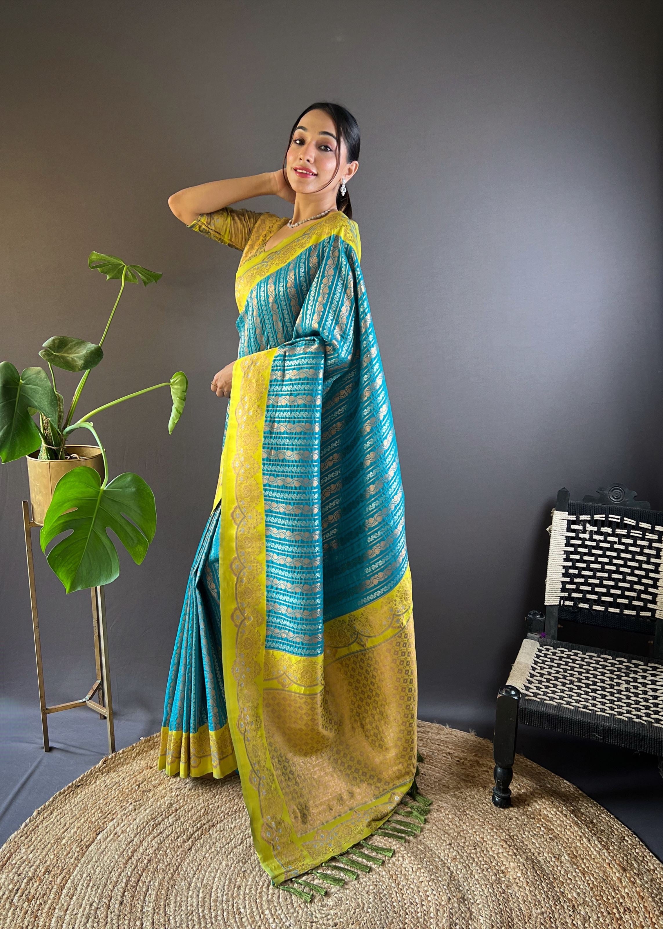 Blue Silk Blend Saree With Zari and Woven Work