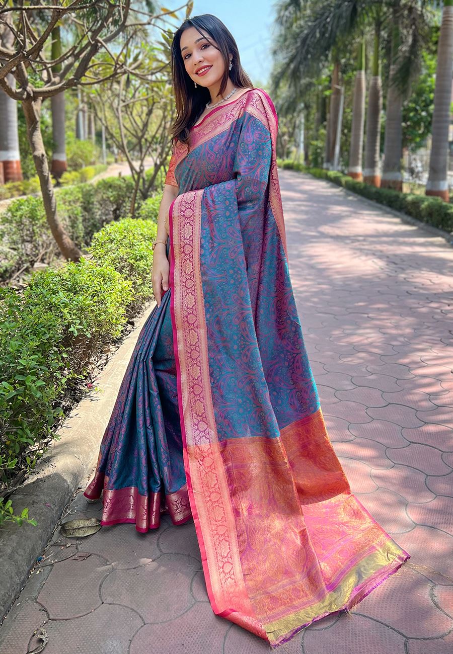 Blue Silk Blend Saree With Zari and Woven Work
