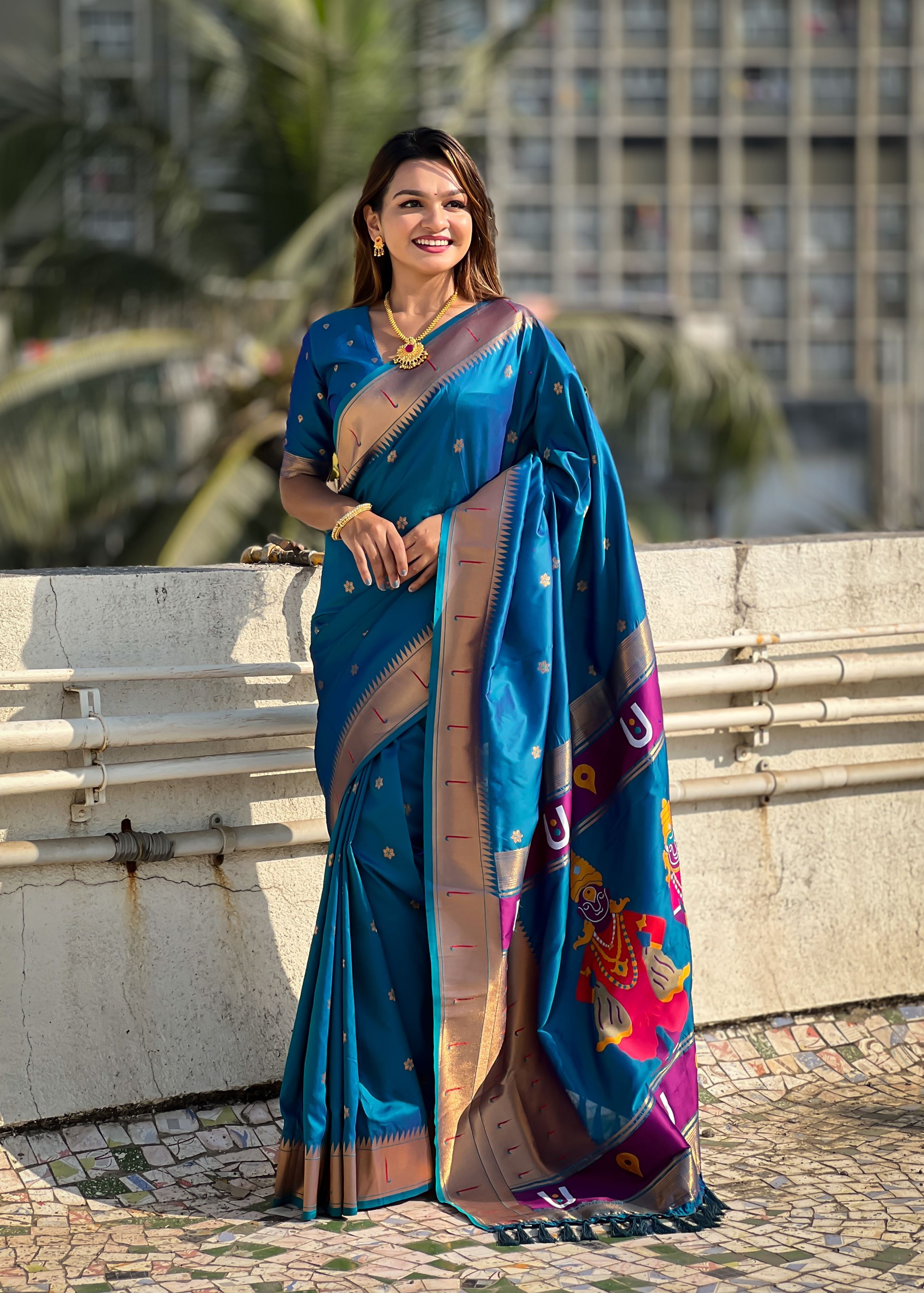 Blue Silk Blend Vitthala God Paithani Silk Saree