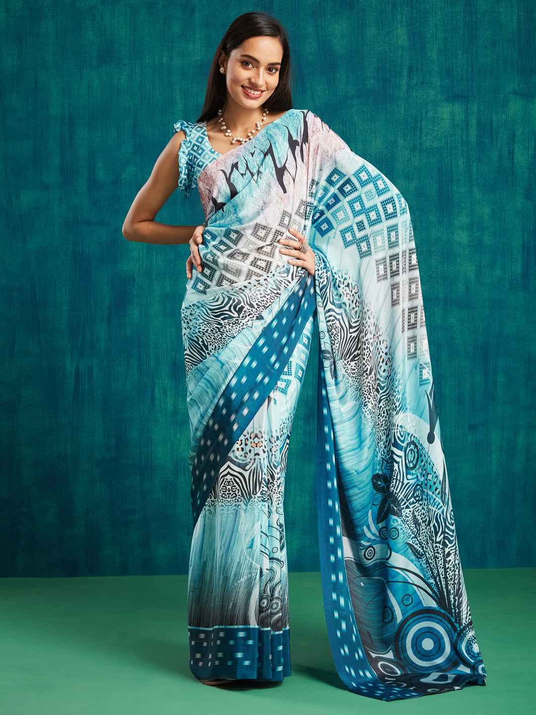 Blue Silk Crepe Designer Digital Printed Ready To Wear Saree
