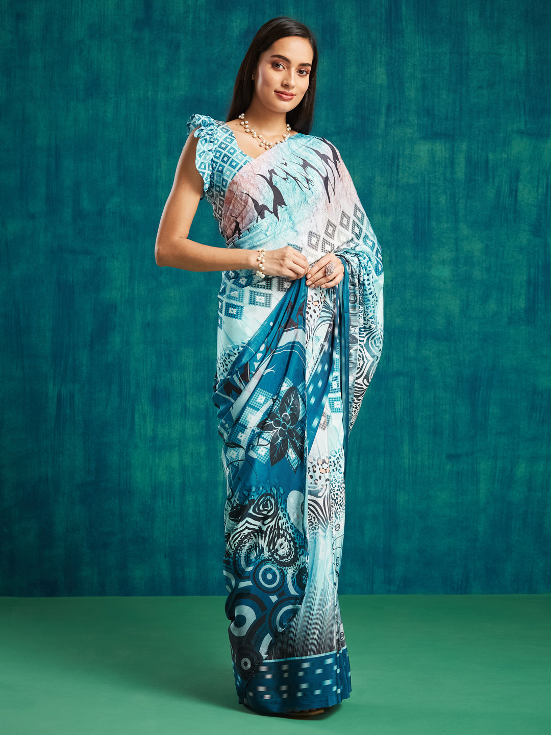 Blue Silk Crepe Designer Digital Printed Ready To Wear Saree